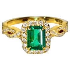 IGI 18K 0.85 Ct Zambia Vivid Green Emerald&Diamonds Art Deco Engagement Ring