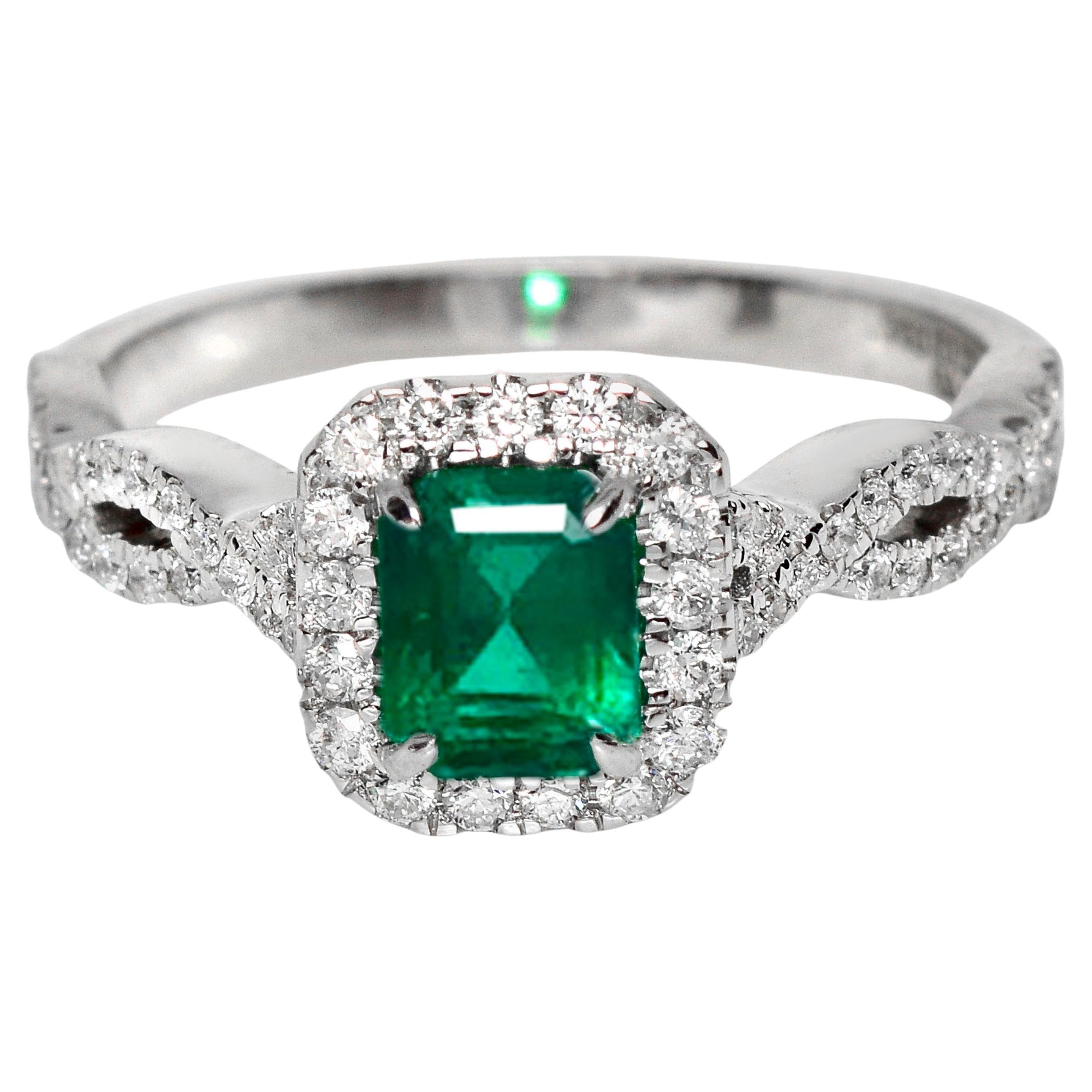 IGI 18K 0.87 Ct Zambia Emerald&Diamonds Art Deco Engagement Ring