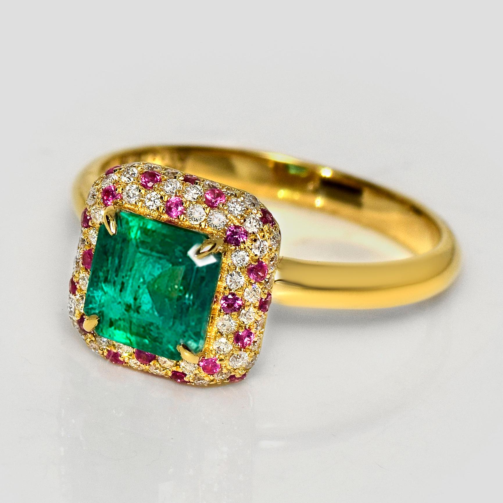 Contemporaneo IGI 18K 0.96 ct Zambia Vivid Green Emerald&Diamonds Engagement Ring in vendita
