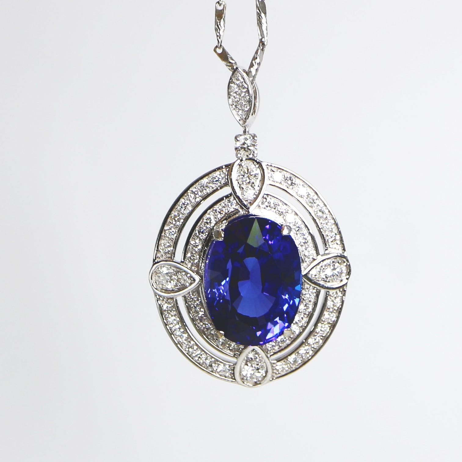 IGI 18K 10.19 C Tanzanite&Diamonds Antique Art Deco Style Pendant Necklace For Sale 4