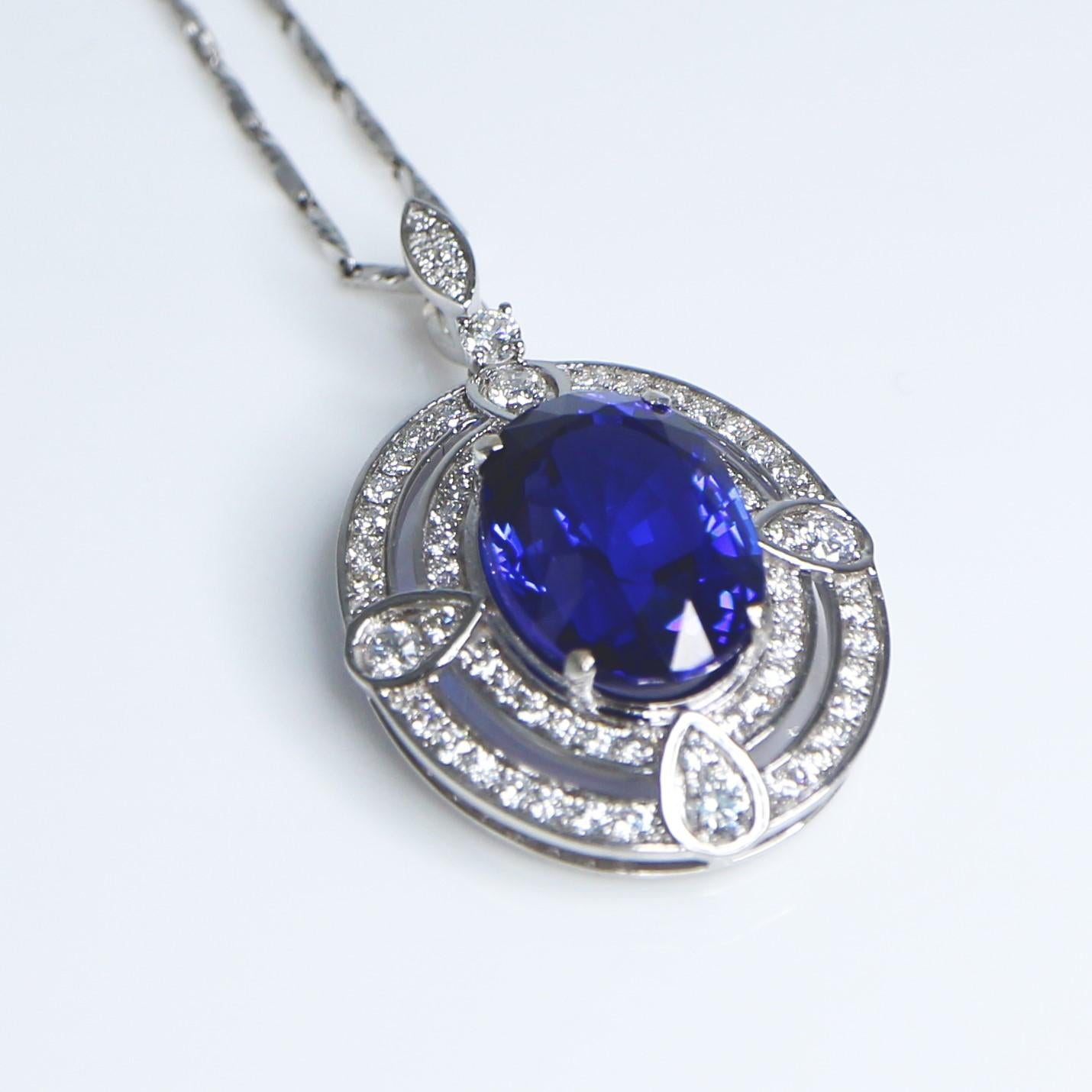 IGI 18K 10.19 C Tanzanite&Diamonds Antique Art Deco Style Pendant Necklace For Sale 5