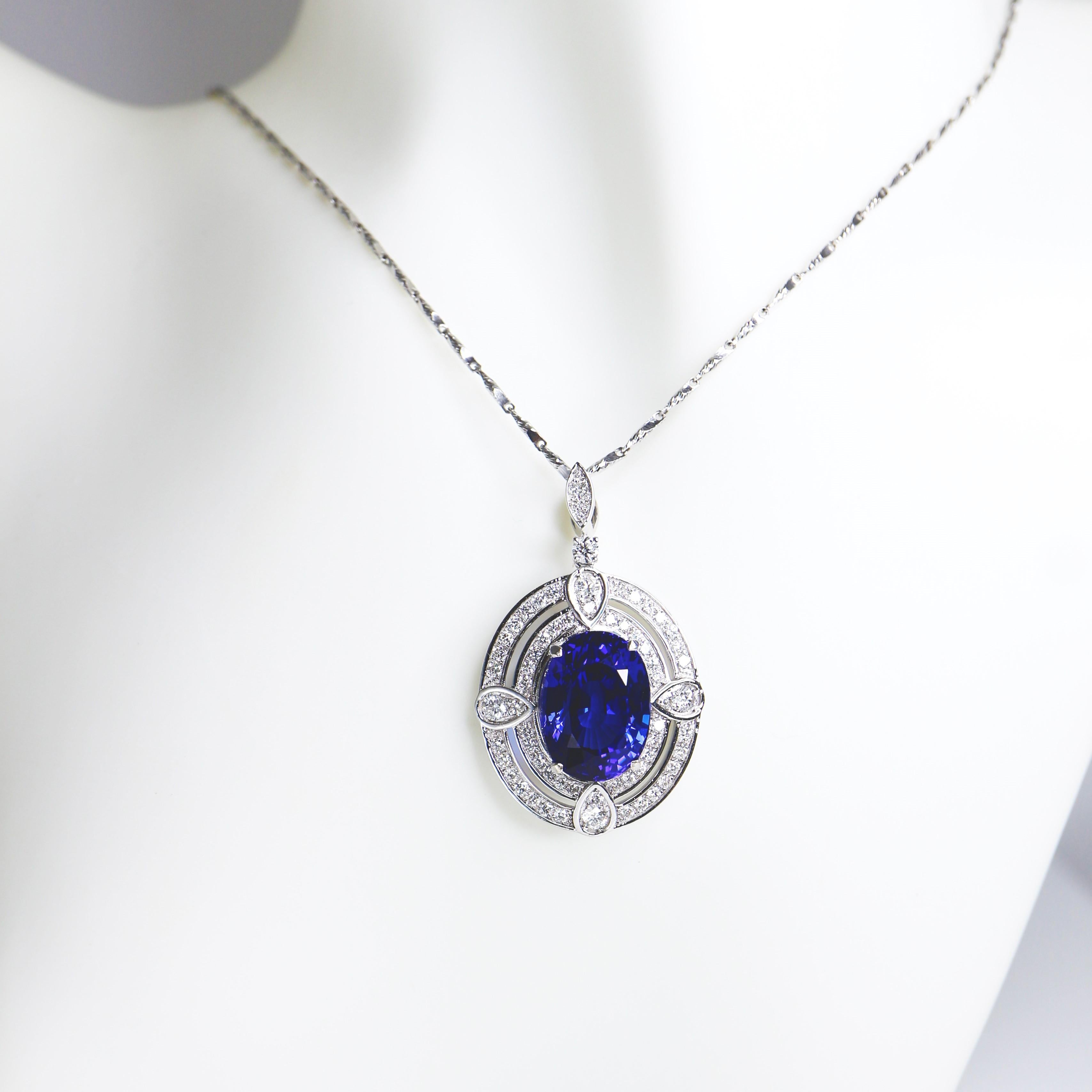 Oval Cut IGI 18K 10.19 C Tanzanite&Diamonds Antique Art Deco Style Pendant Necklace For Sale