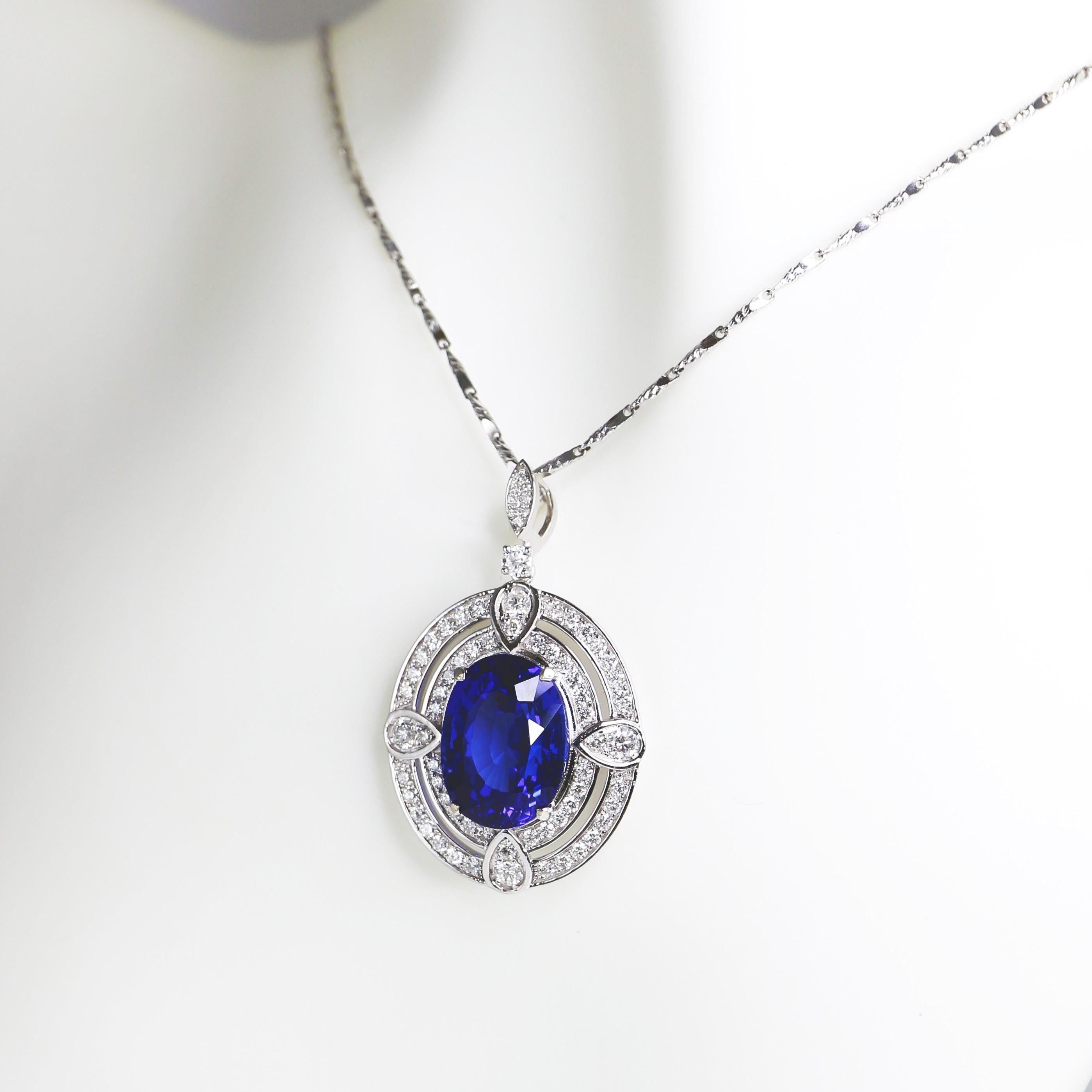 IGI 18K 10.19 C Tanzanite&Diamonds Antique Art Deco Style Pendant Necklace In New Condition For Sale In Kaohsiung City, TW