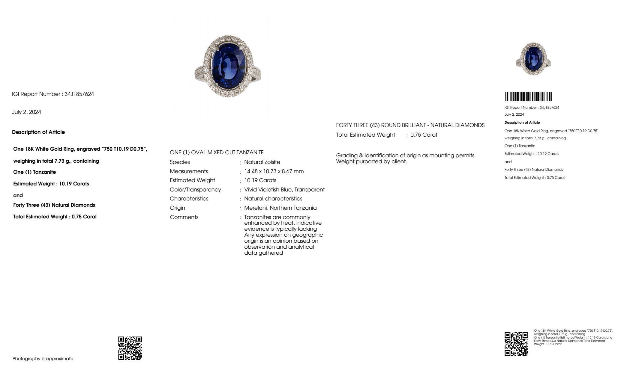 Contemporary IGI 10.19 Ct 18K White Vivid Tanzanite&Diamonds Engagement Ring For Sale