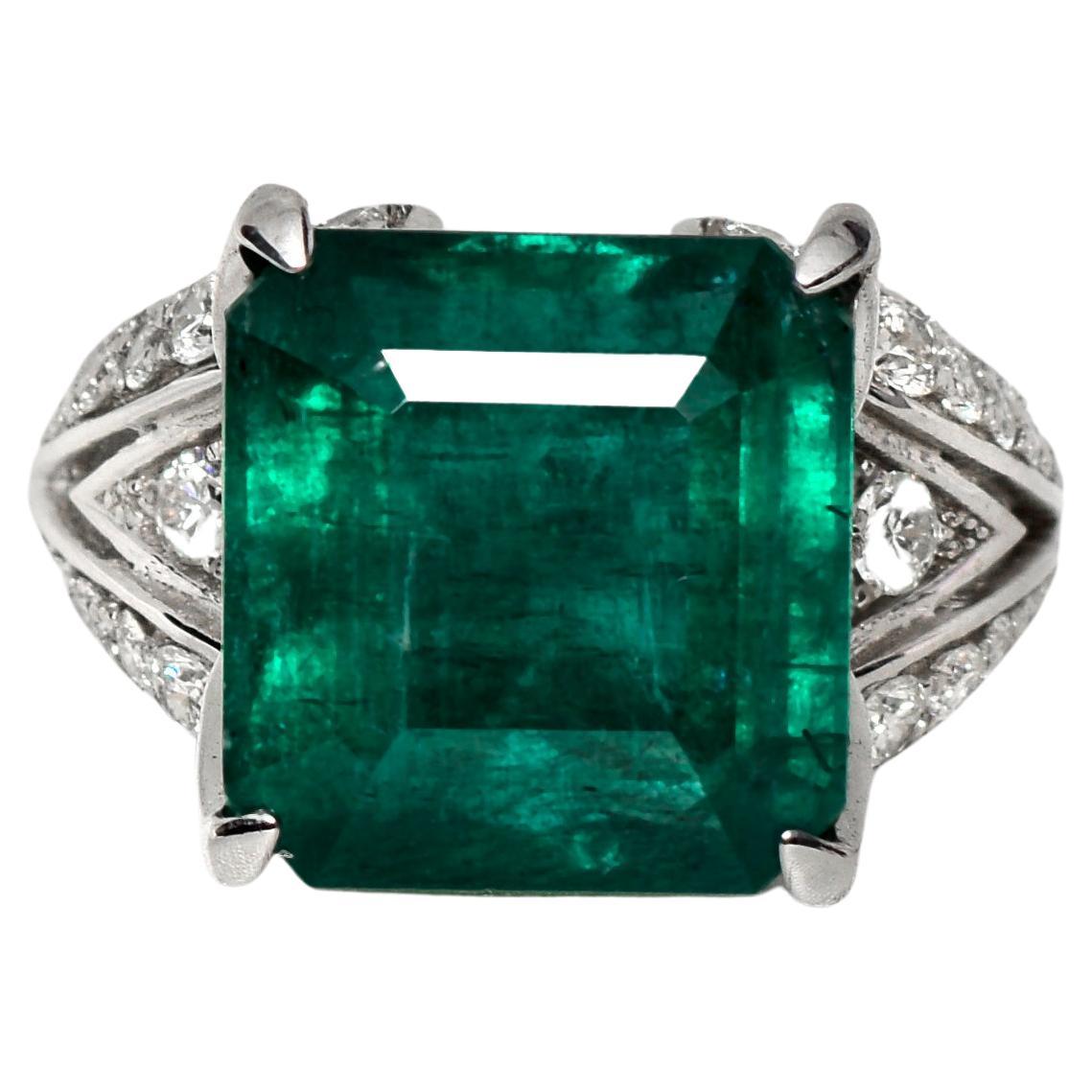 IGI 18k 11.01ct Natural Emerald&Diamond Antique Art Deco Engagement Ring For Sale