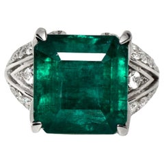 IGI 18k 11.01ct Natural Emerald&Diamond Antique Art Deco Engagement Ring
