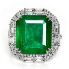 IGI 18K 12.00 Ct Natural Vivid Green Emerald&Diamonds Art Deco Engagement Ring