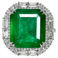 IGI 18K 12.00 Ct Natural Vivid Green Emerald&Diamonds Art Deco Engagement Ring