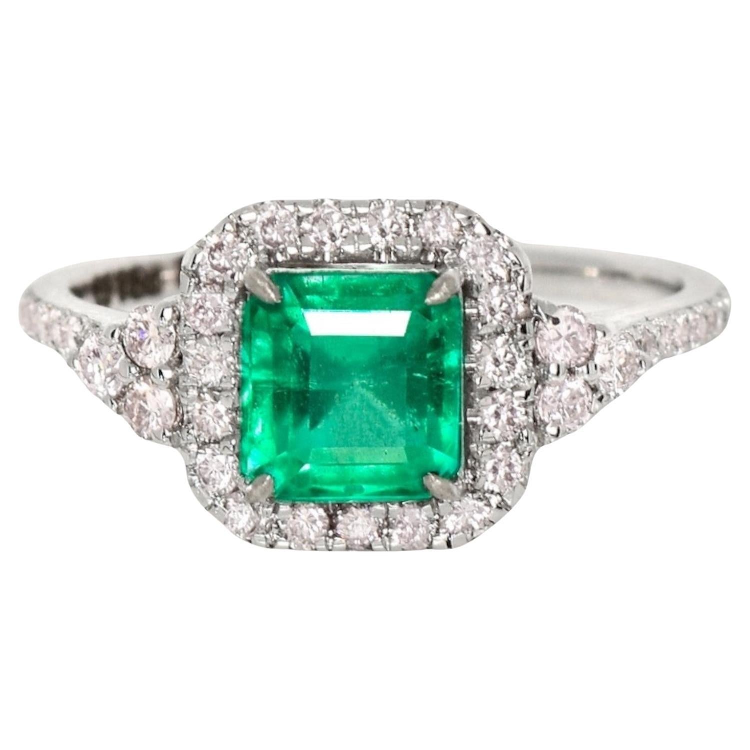 IGI 18K 1.25 Ct Emerald&Pink Diamonds Antique Art Deco Style Engagement Ring