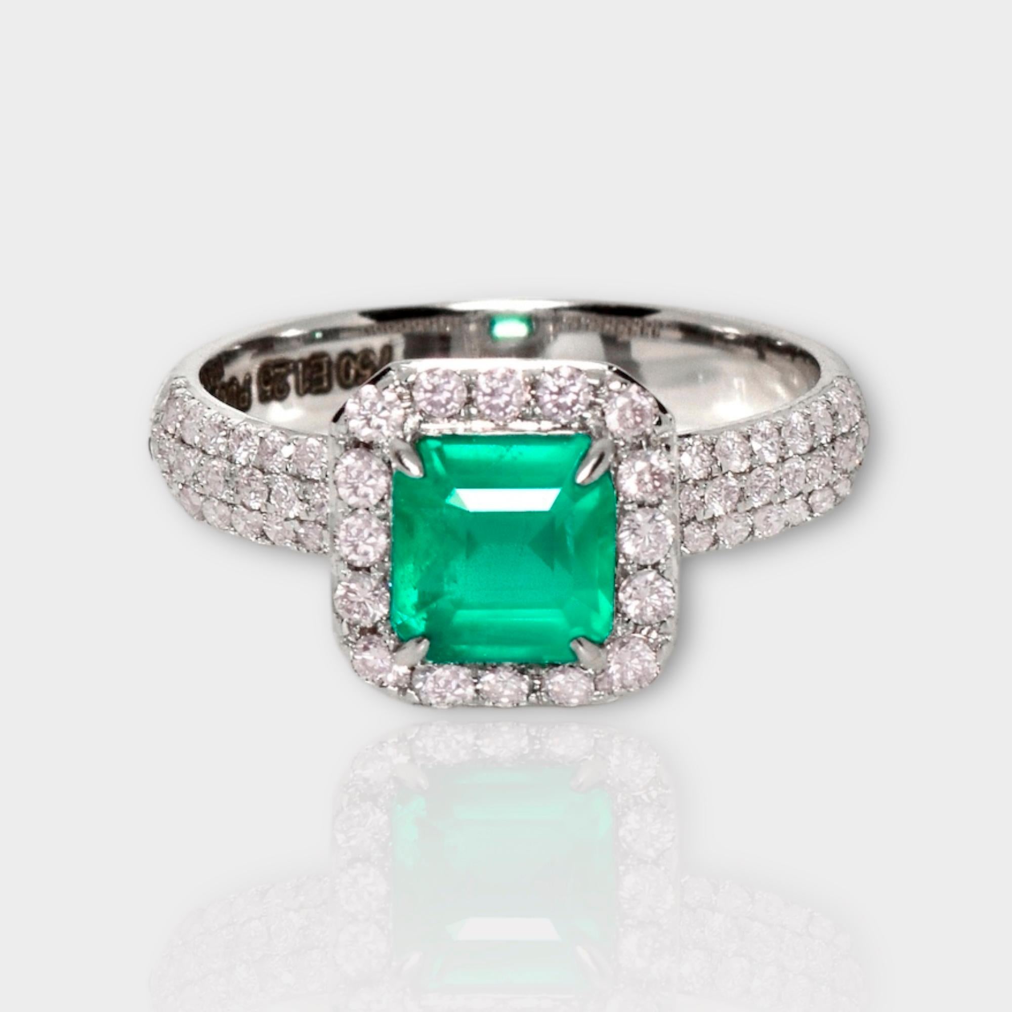 *IGI 18K 1.25 ct Natural Green Emerald&Pink Diamond Art Deco Engagement Ring*
IGI-certified natural Zambia green emerald weighing 1.25 ct set on the 18K white gold arc deco design band with natural pink diamonds weighing 0.60 ct. 

The good-quality