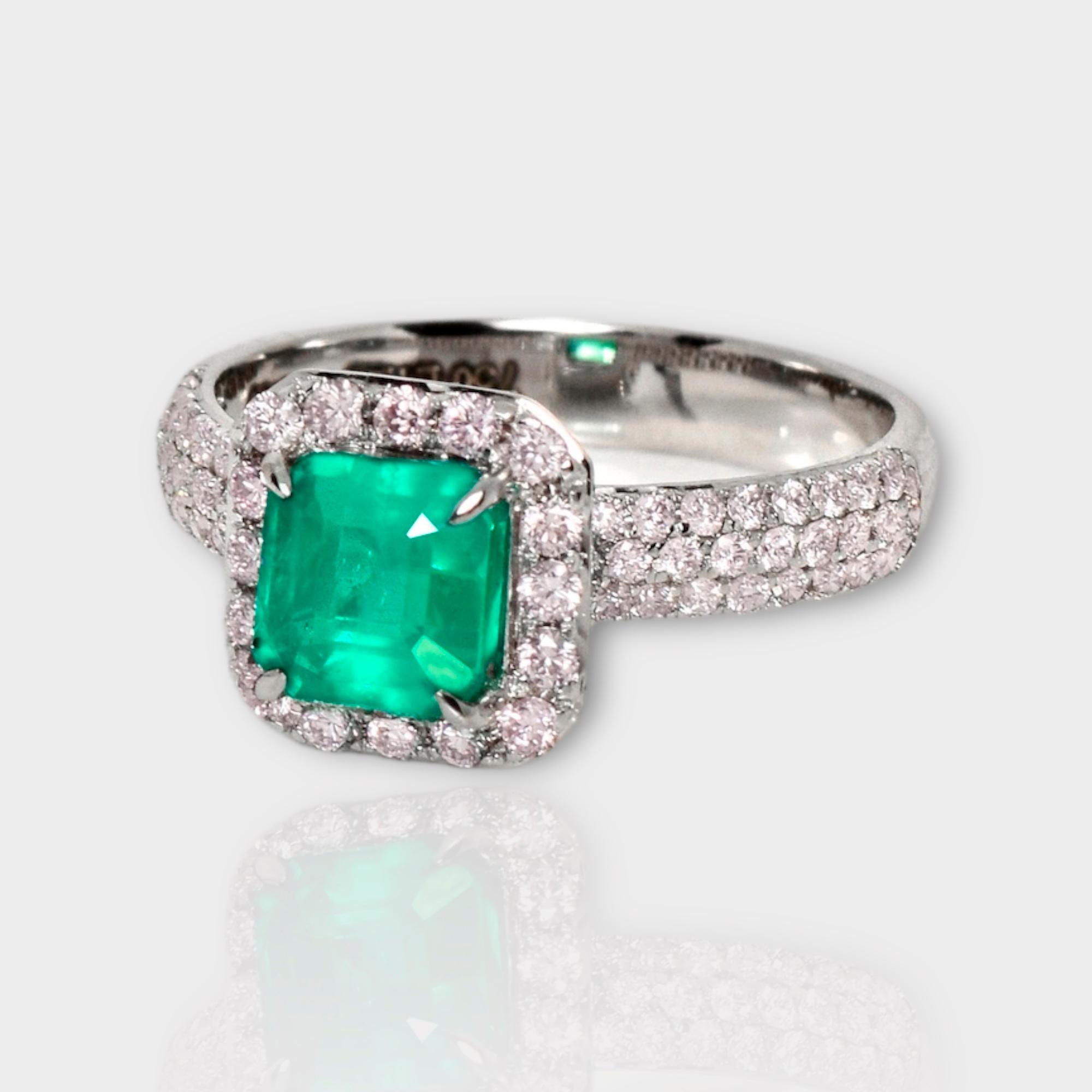 Contemporary IGI 18K 1.25 ct Natural Green Emerald&Pink Diamond Art Deco Engagement Ring For Sale
