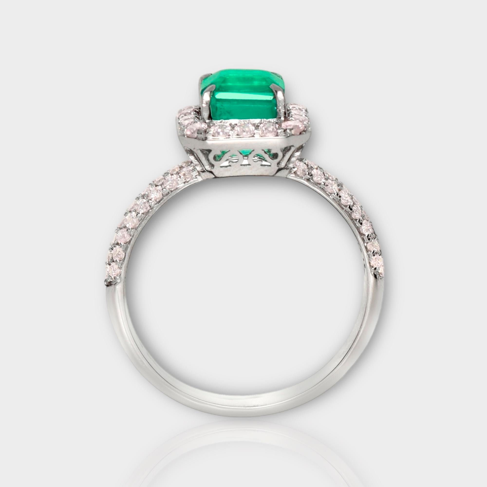 Emerald Cut IGI 18K 1.25 ct Natural Green Emerald&Pink Diamond Art Deco Engagement Ring For Sale