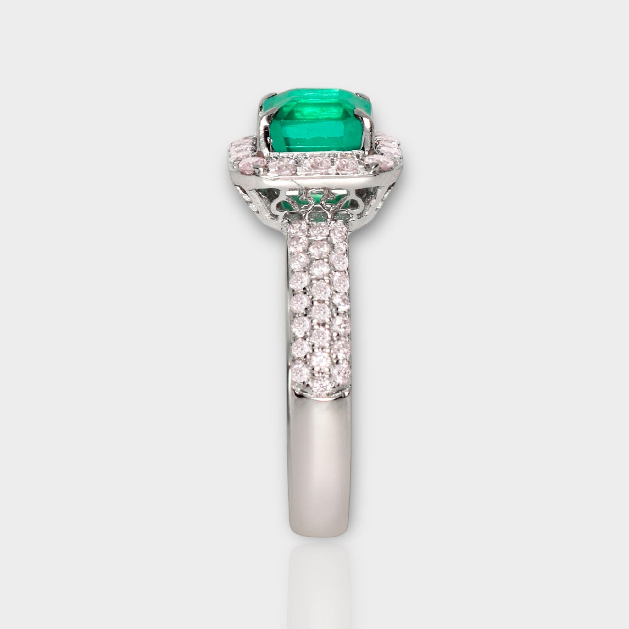 IGI 18K 1.25 ct Natural Green Emerald&Pink Diamond Art Deco Engagement Ring In New Condition For Sale In Kaohsiung City, TW