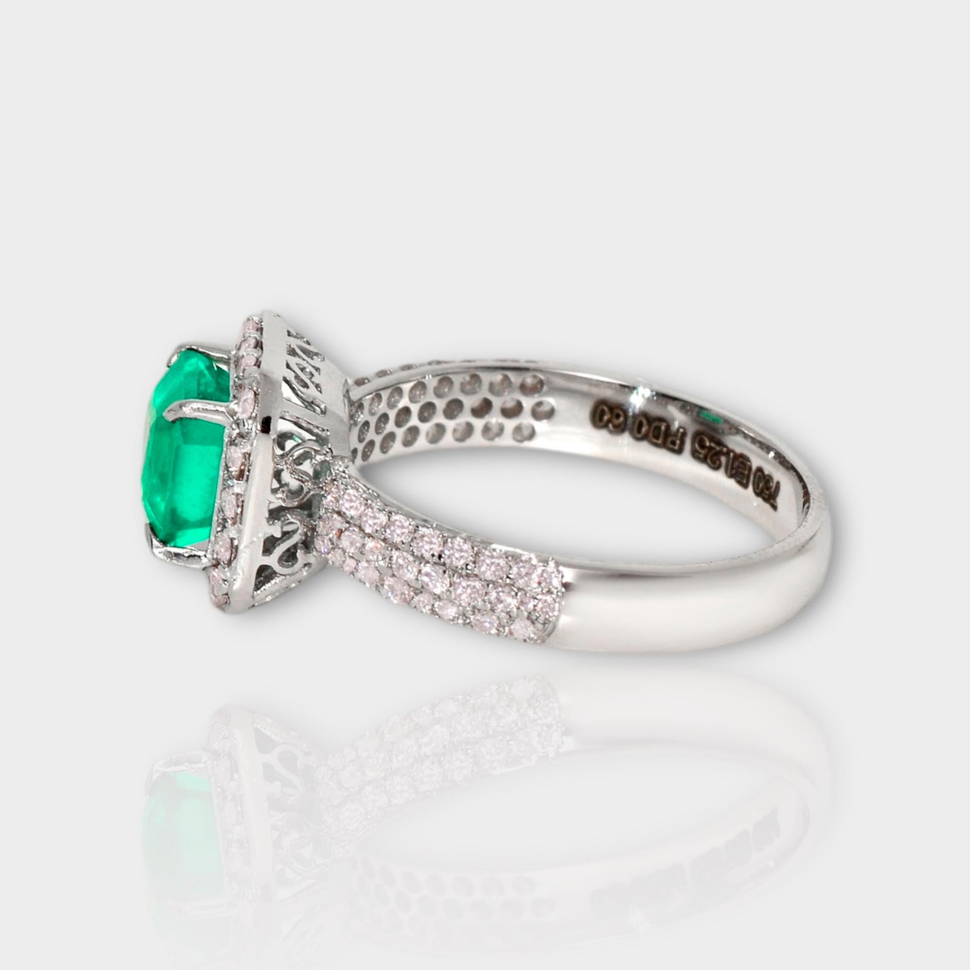 Women's or Men's IGI 18K 1.25 ct Natural Green Emerald&Pink Diamond Art Deco Engagement Ring For Sale