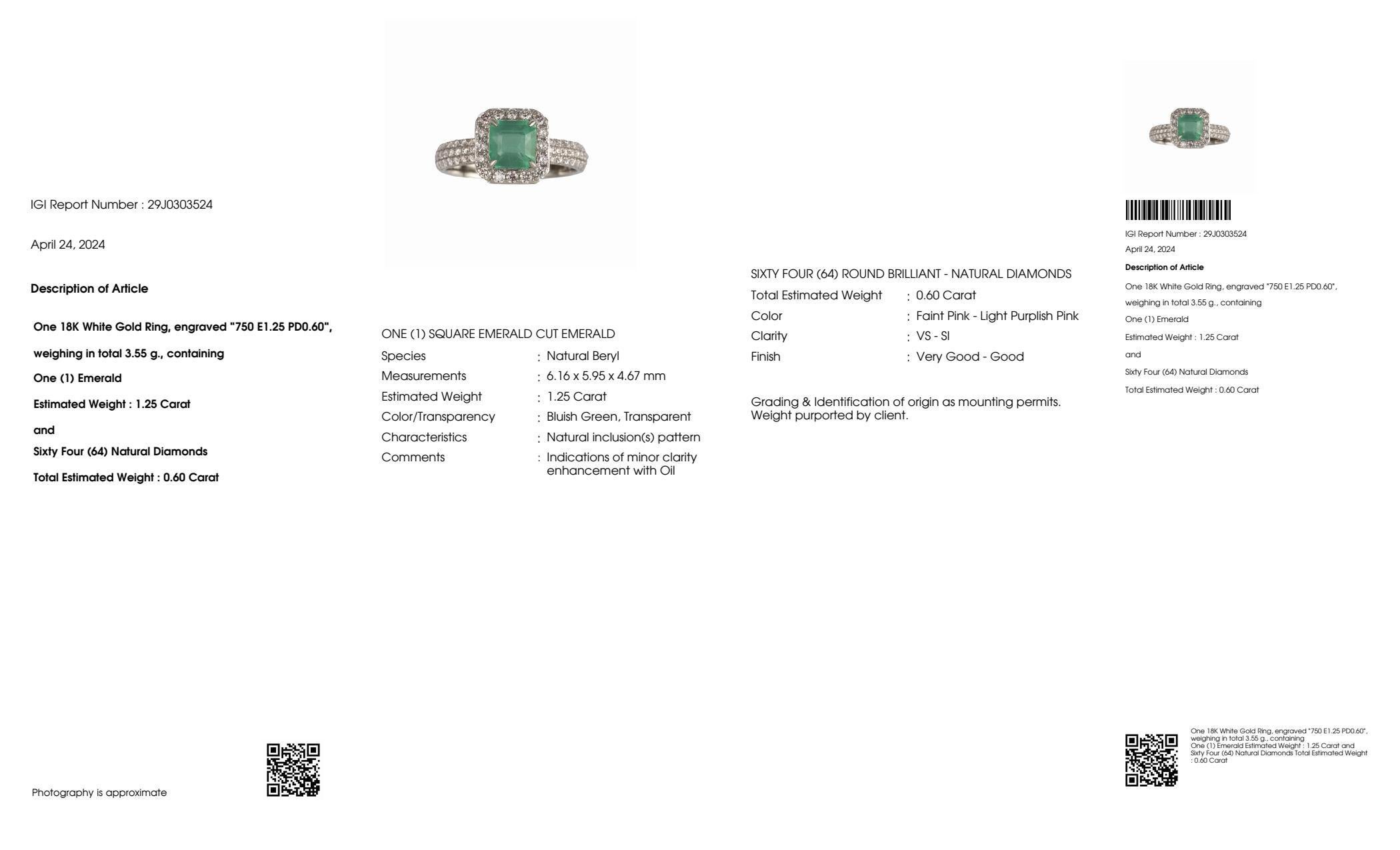 IGI 18K 1.25 ct Natural Green Emerald&Pink Diamond Art Deco Engagement Ring For Sale 2