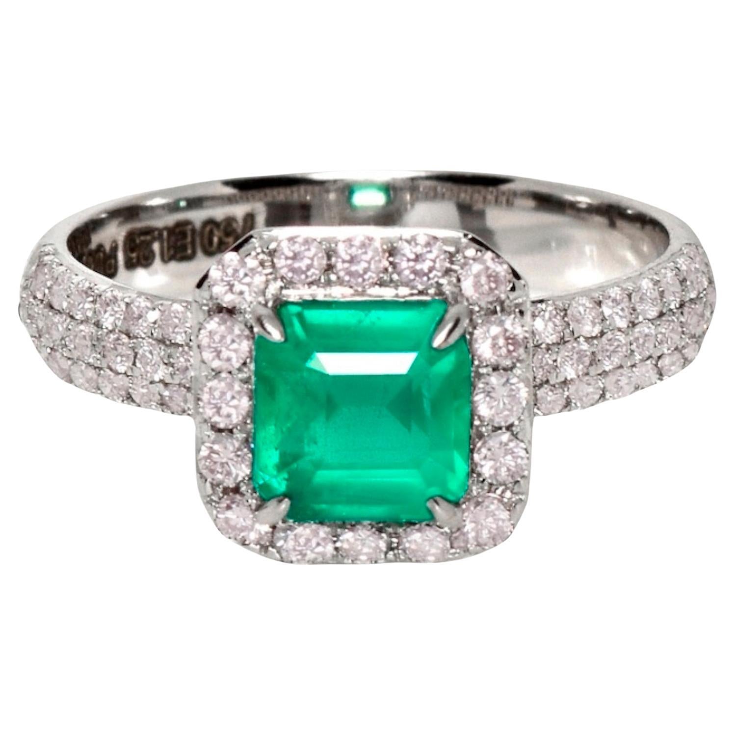 IGI 18K 1.25 ct Natural Green Emerald&Pink Diamond Art Deco Engagement Ring For Sale