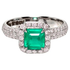 Bague de fiançailles Art Deco IGI 18K de 1,25 ct d'émeraude verte naturelle et de diamant rose