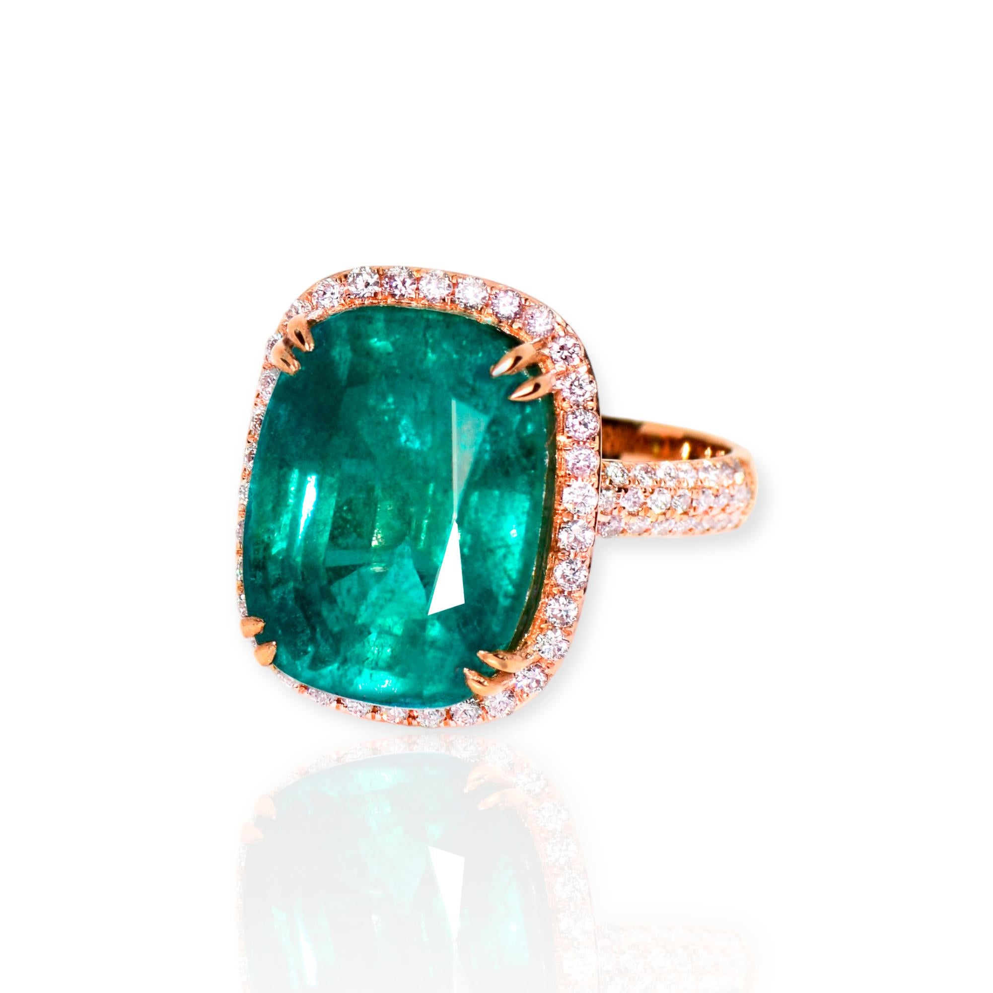 Emerald Cut IGI 18k 12.52 Ct Natural Emerald&Pink Diamonds Antique Engagement Ring For Sale