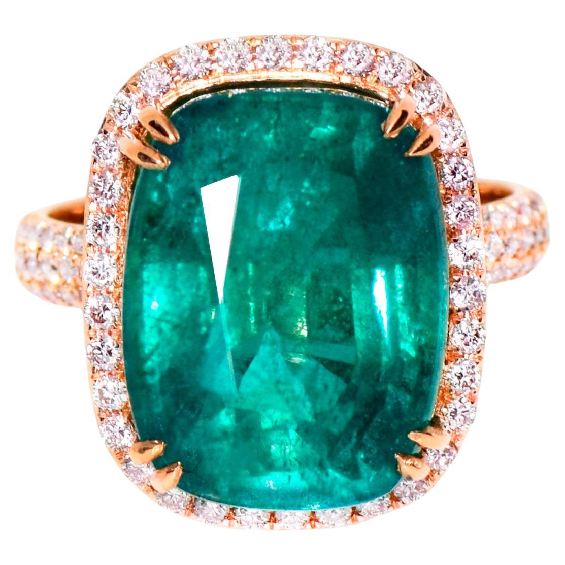 IGI 18k 12.52 Ct Natural Emerald&Pink Diamonds Antique Engagement Ring For Sale