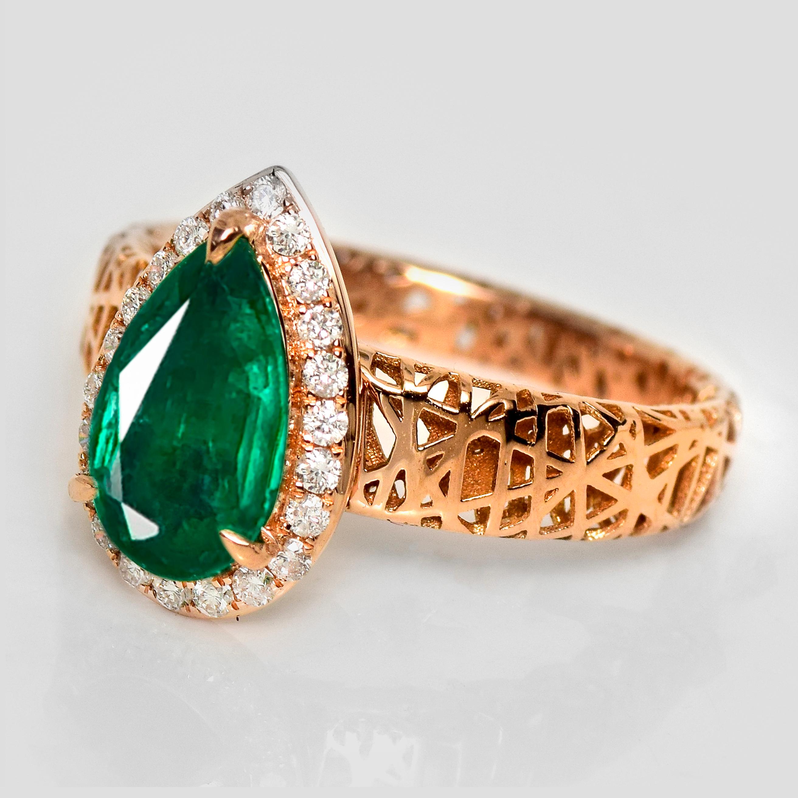 Contemporaneo Anello di fidanzamento Art Deco IGI 18K 1.31 Ct Zambia Smeraldo e Diamanti in vendita