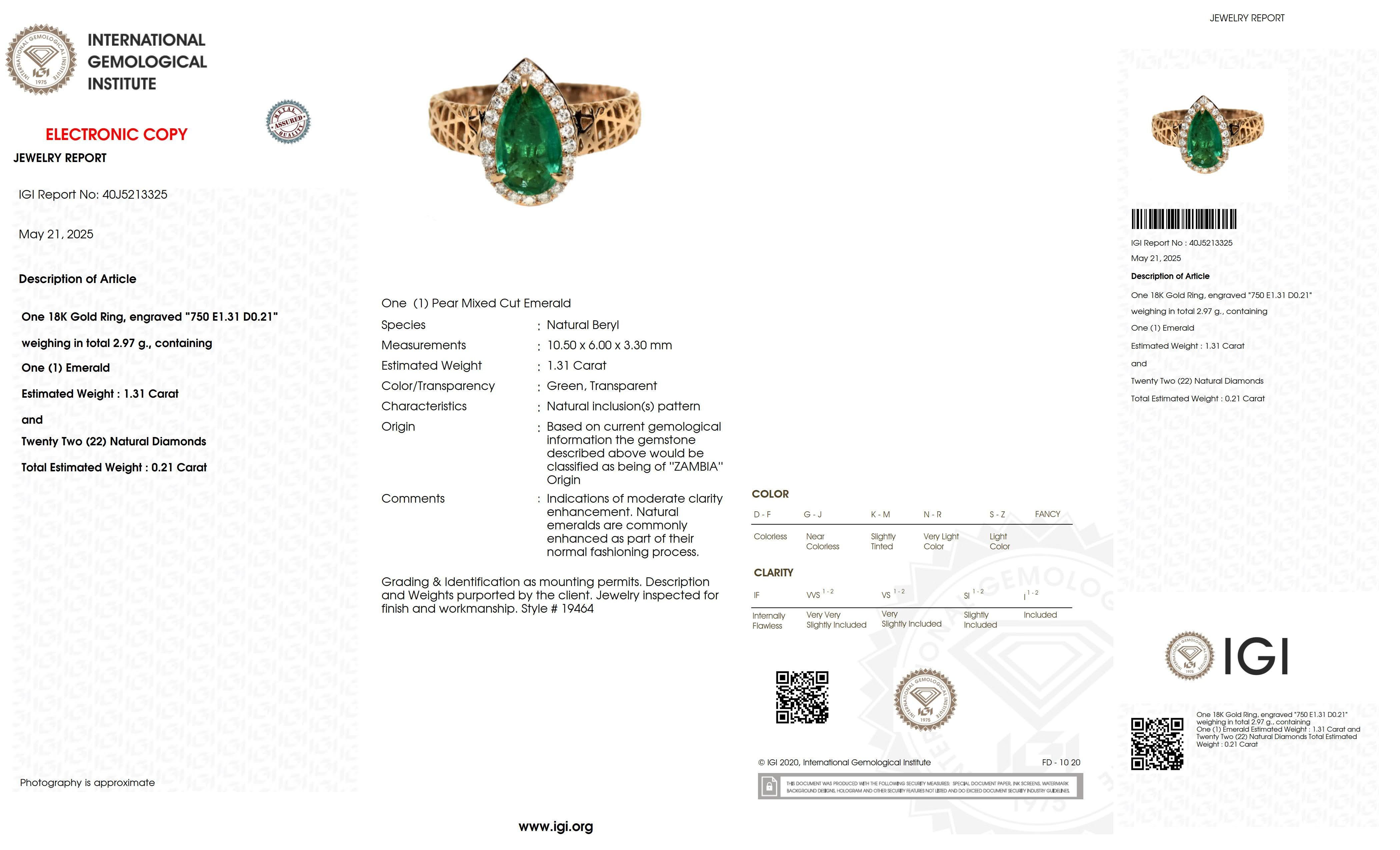 Anello di fidanzamento Art Deco IGI 18K 1.31 Ct Zambia Smeraldo e Diamanti in vendita 2