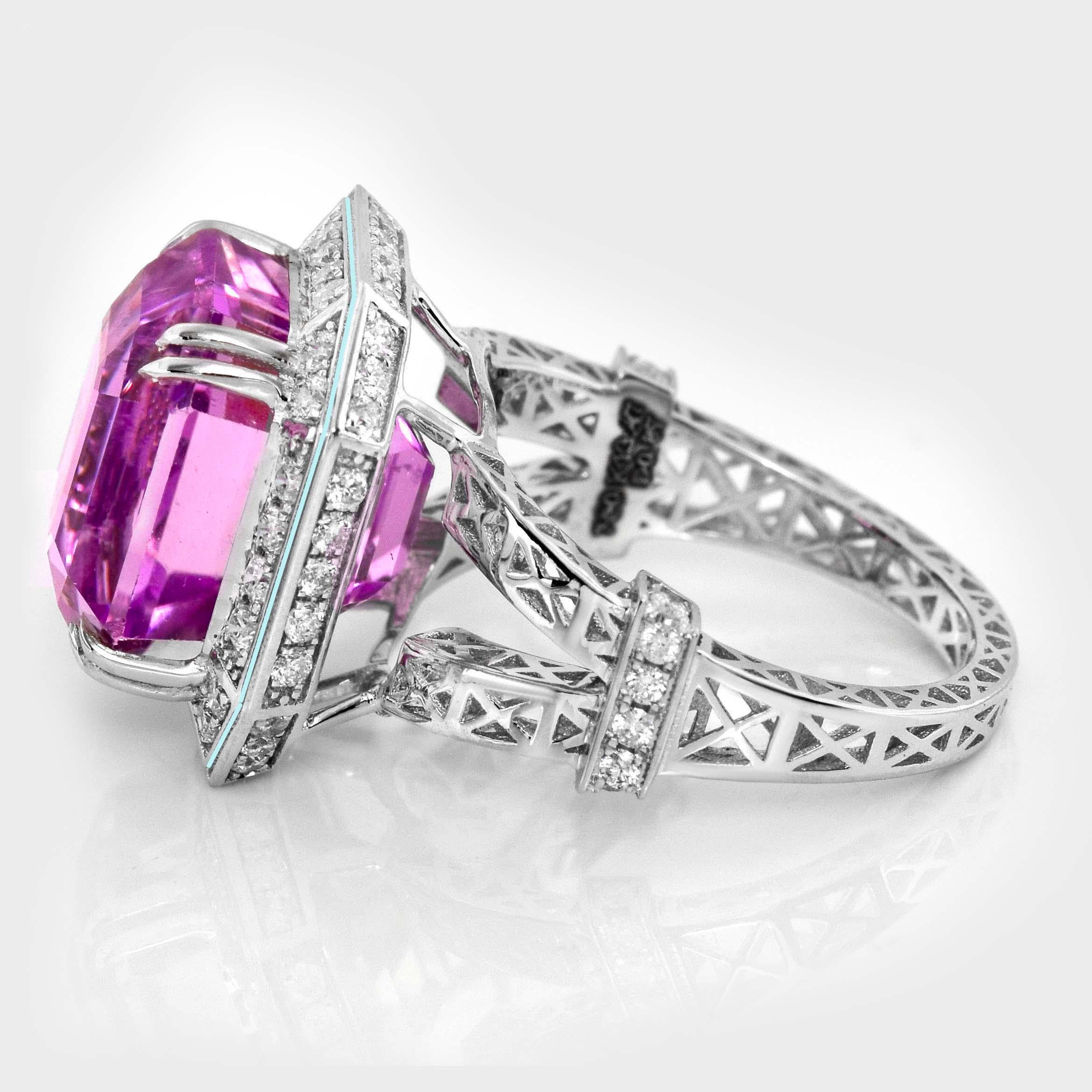 Taglio cuscino Anello di fidanzamento IGI 18K 13,47 ct Kunzite&Diamante Arte Antiques in vendita