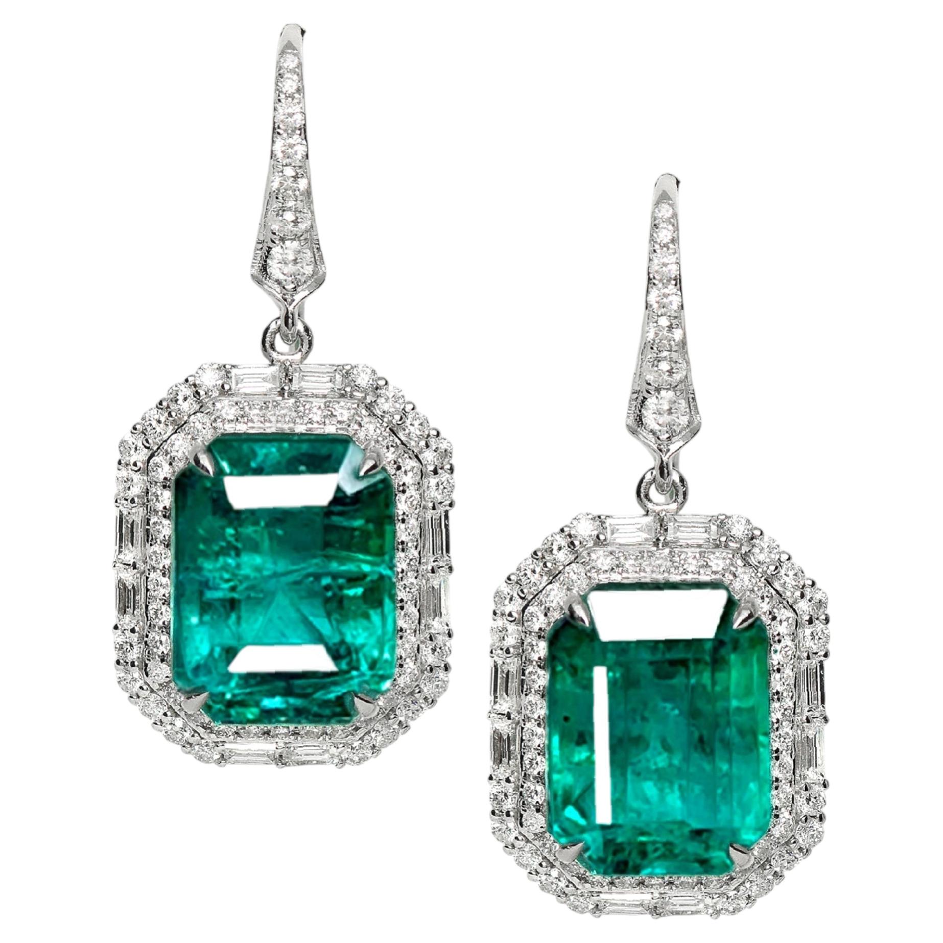 IGI 18K 13.47 Ct Natural Vivid Green Emerald&Diamonds Drop Earrings