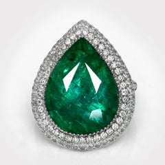 IGI 18K 13.52 Ct White Gold Vivid Green Emerald&Diamonds Antique Engagement Ring