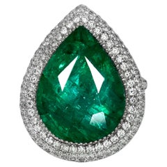 IGI 18K 13.52 Ct White Gold Vivid Green Emerald&Diamonds Antique Engagement Ring