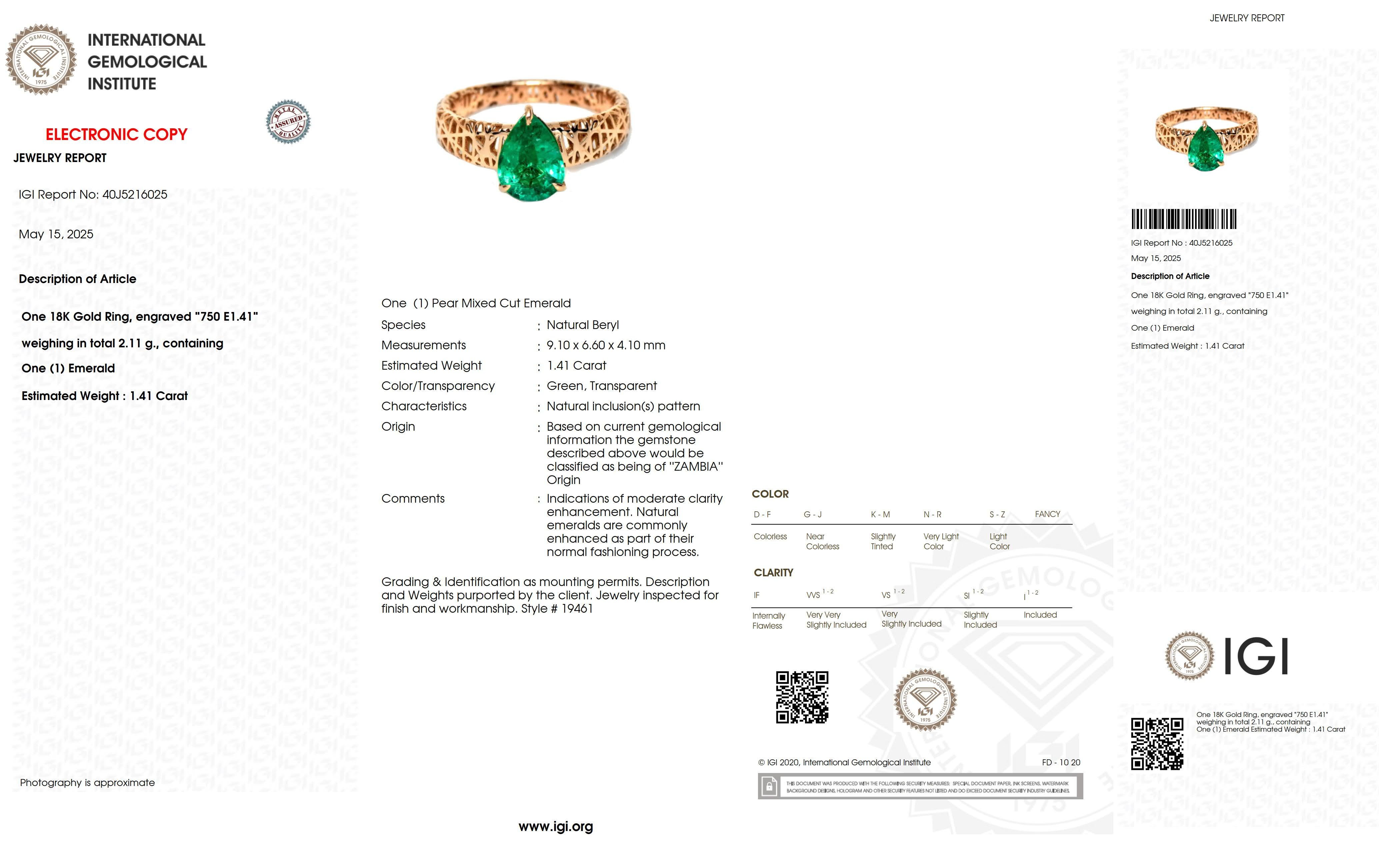 IGI 18K 1.41 Ct Zambia Emerald Art Deco Engagement Ring For Sale 1