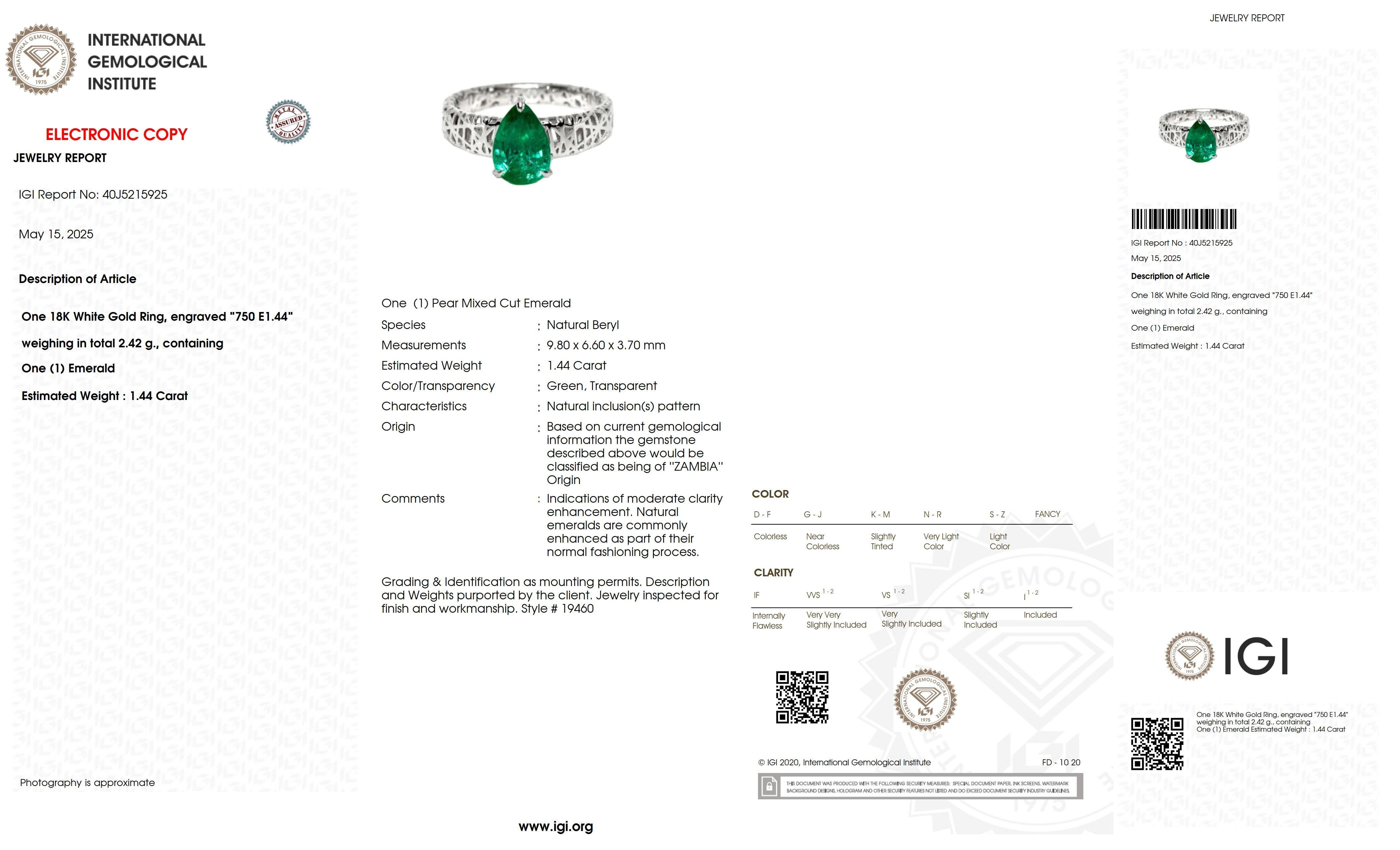 IGI 18K 1,44 Ct Sambia Smaragd Art Deco Verlobungsring im Angebot 2