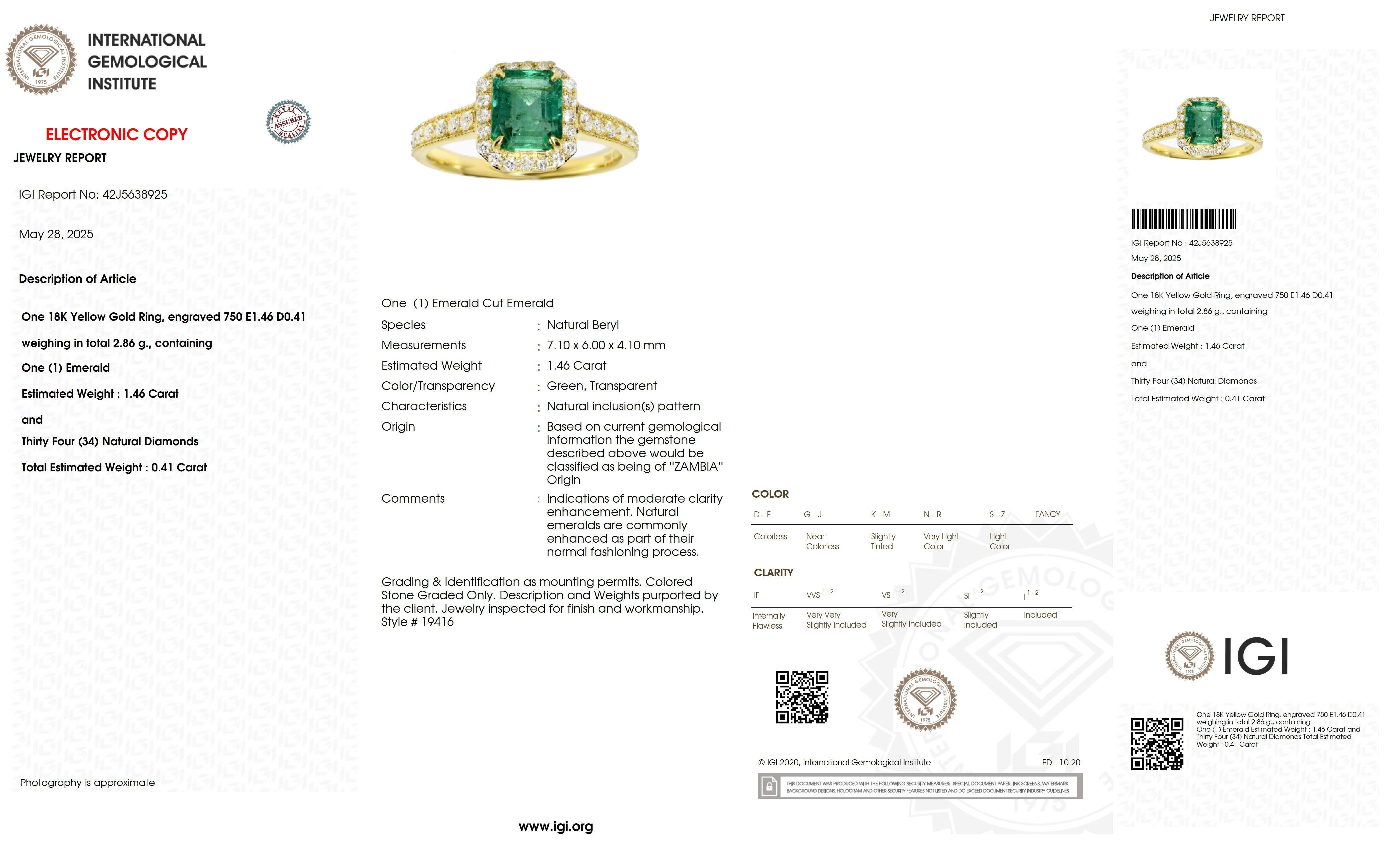 IGI 18K 1.46 Ct Zambia Emerald&Diamonds Art Deco Engagement Ring en vente 3