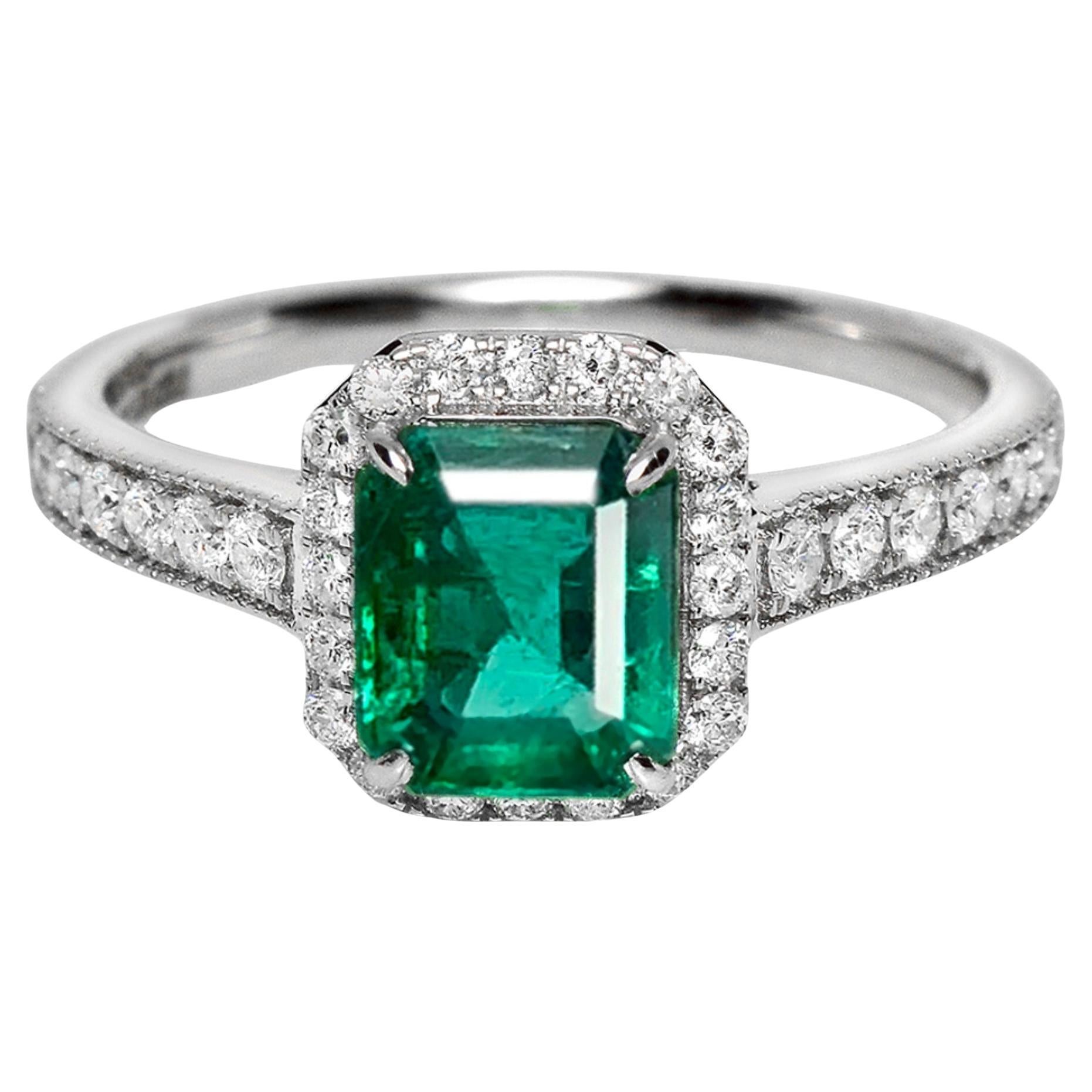 IGI 18K 1.48 Ct Zambia Esmeralda&Diamantes Anillo de Compromiso Art Decó