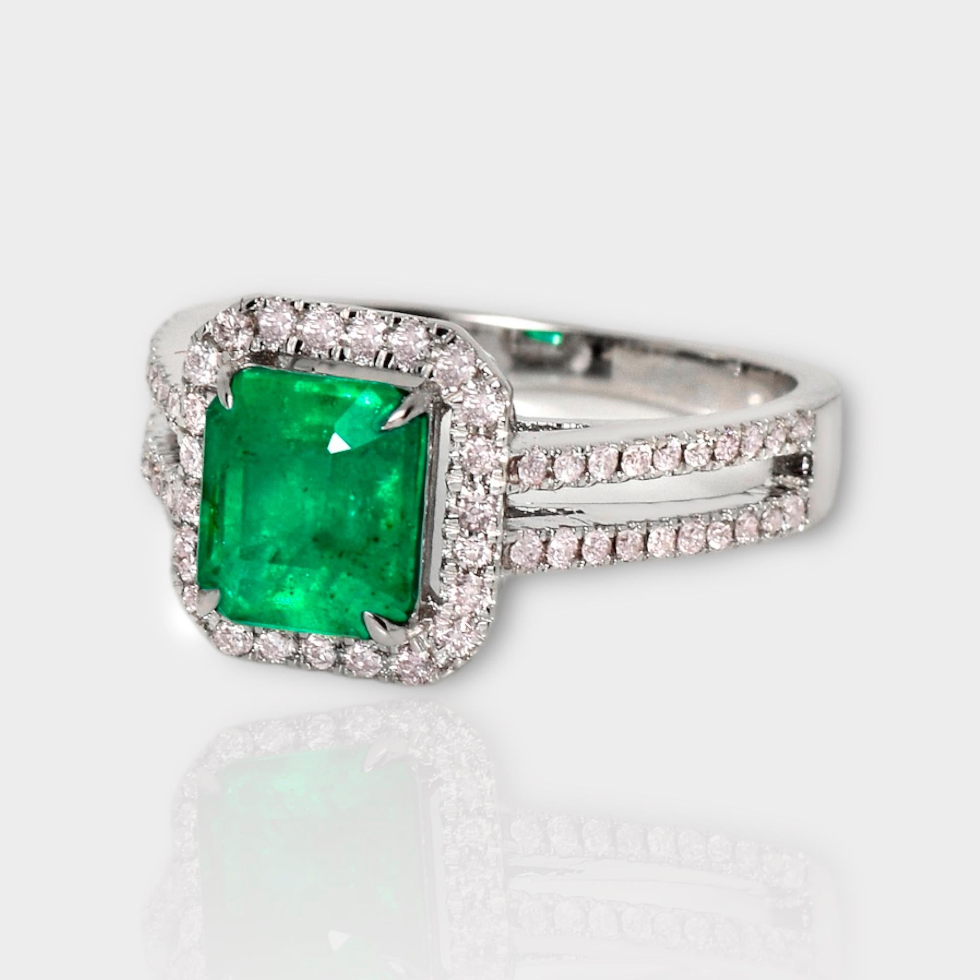 Contemporary IGI 18K 1.50 ct Natural Green Emerald&Pink Diamond Art Deco Engagement Ring For Sale