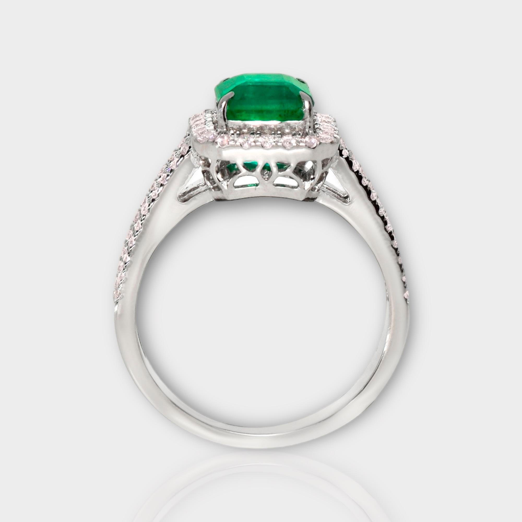 Emerald Cut IGI 18K 1.50 ct Natural Green Emerald&Pink Diamond Art Deco Engagement Ring For Sale