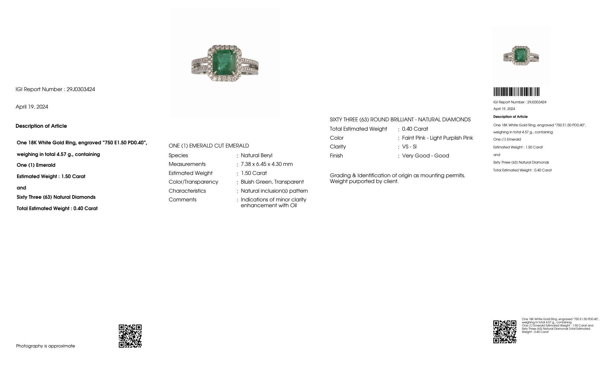 IGI 18K 1.50 ct Natural Green Emerald&Pink Diamond Art Deco Engagement Ring For Sale 2