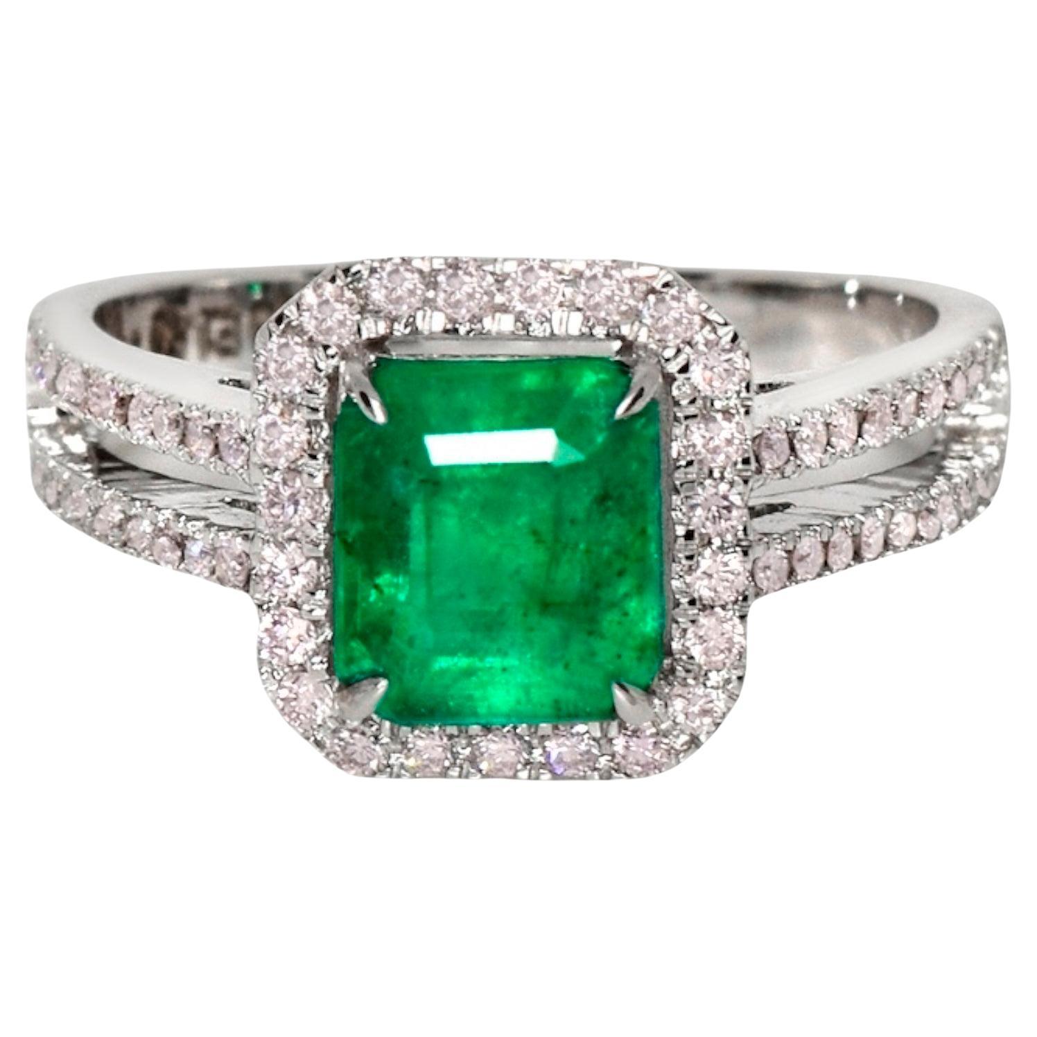 IGI 18K 1.50 ct Natural Green Emerald&Pink Diamond Art Deco Engagement Ring For Sale