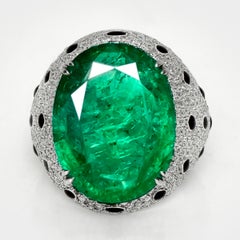 IGI 18K 15.00 Ct White Gold Vivid Green Emerald&Diamonds Antique Engagement Ring