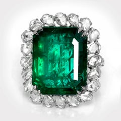 IGI 18K 15.49 Ct White Gold Vivid Green Emerald&Diamonds Antique Engagement Ring