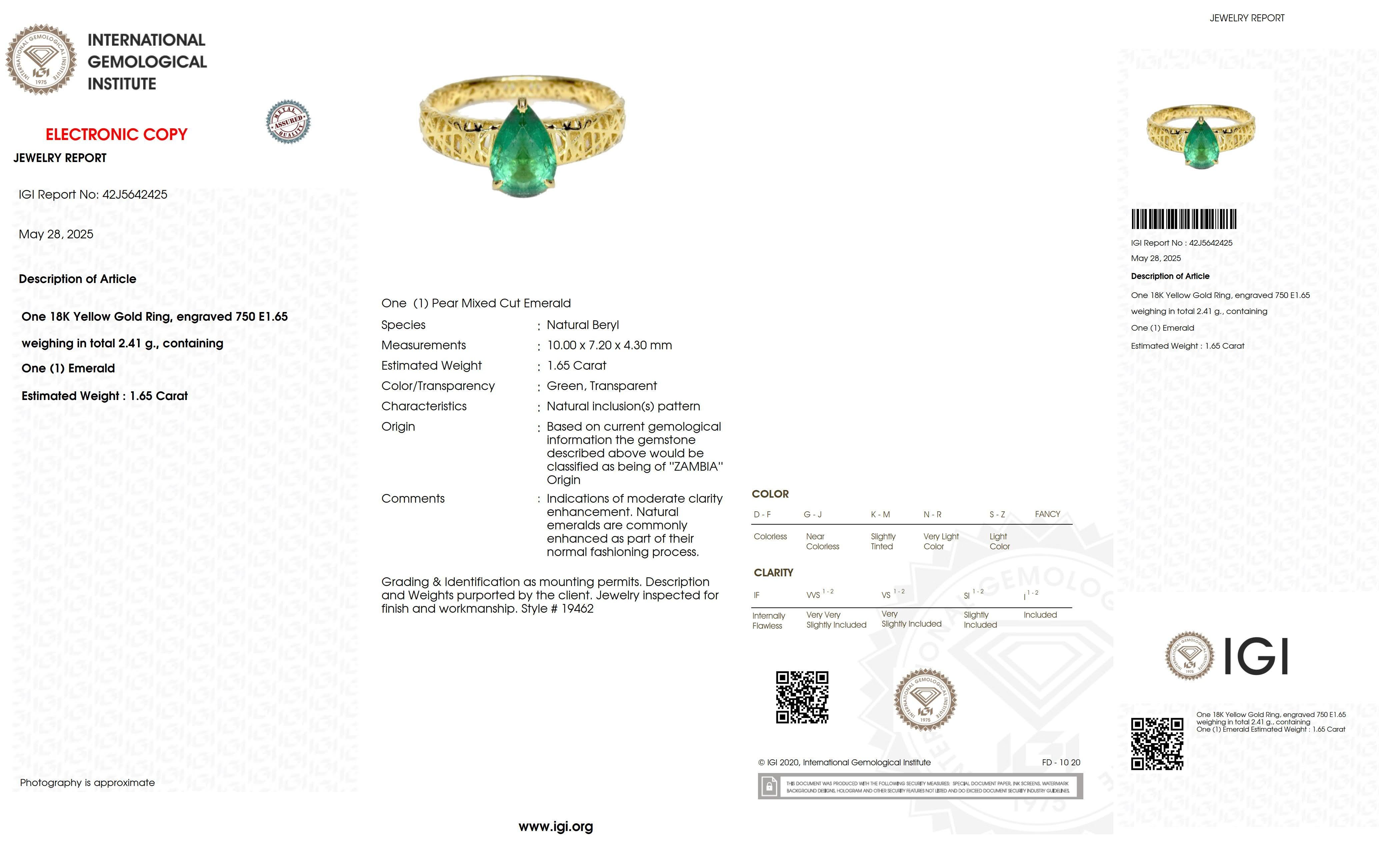 IGI 18K 1.65 Ct Zambia Emerald Art Deco Engagement Ring en vente 2