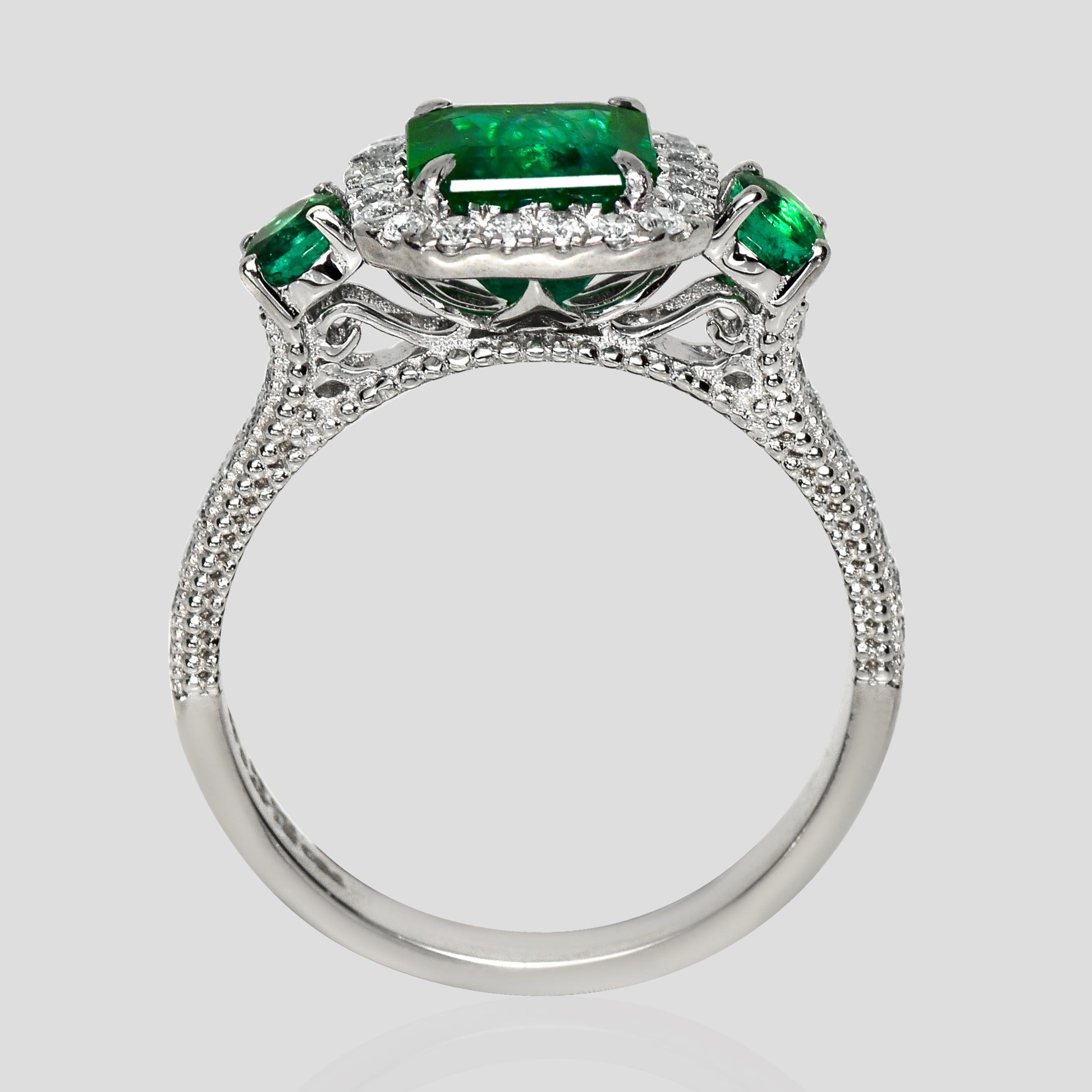 IGI 18K 1,67 Ct Zambia Esmeralda Verde Vivo&Diamantes Anillo de Compromiso Art Decó en Nuevo estado para la venta en Kaohsiung City, TW