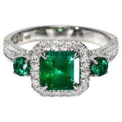 IGI 18K 1.67 Ct Zambia Vivid Green Emerald&Diamonds Art Deco Engagement Ring