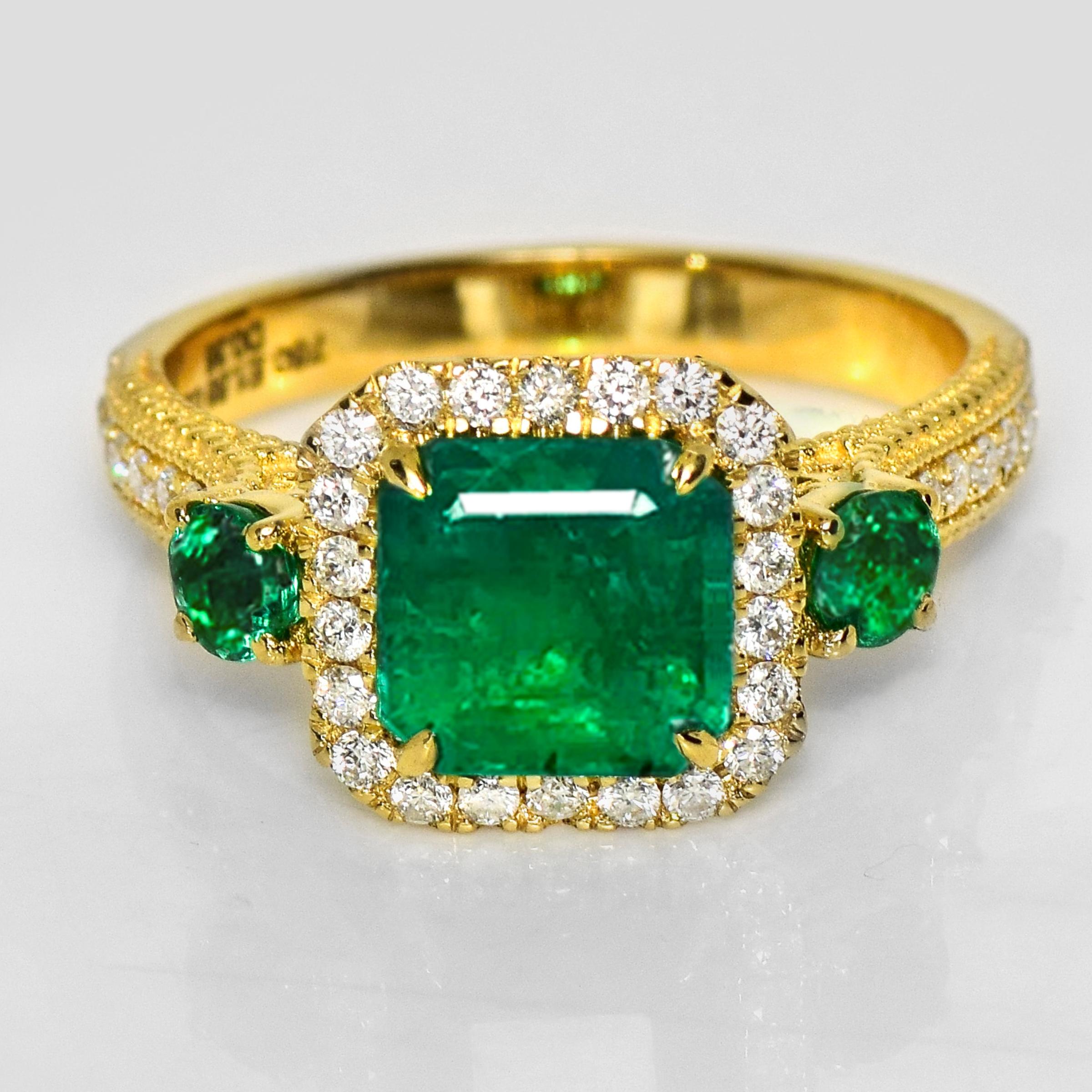 *IGI Anello di fidanzamento Art Deco 18K 1.84 Ct Zambia Greene & Greene Diamonds*

Uno smeraldo verde vivido naturale dello Zambia, certificato IGI, del peso di 1,84 carati, incastonato sulla fascia in oro giallo 18 carati con diamanti naturali FG