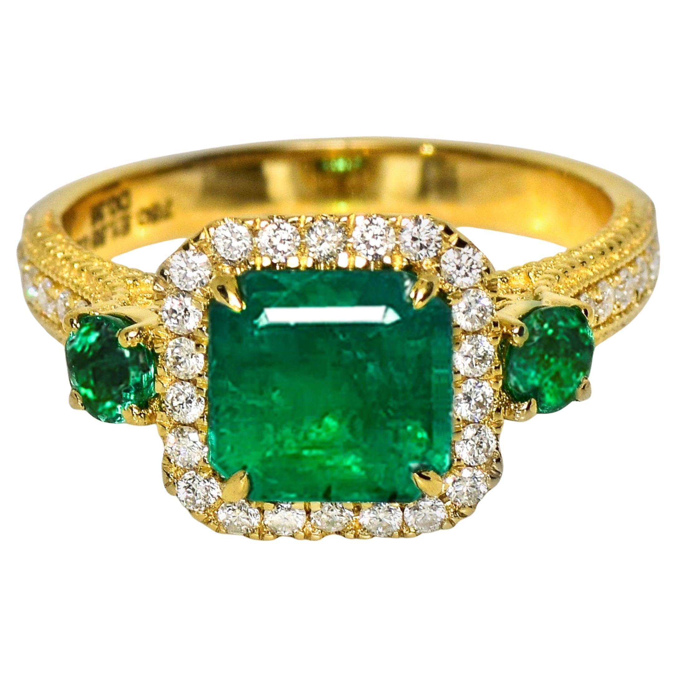 IGI 18K 1.84 Ct Zambia Vivid Green Emerald&Diamonds Art Deco Engagement Ring