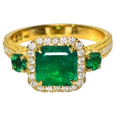 IGI 18K 1.84 Ct Zambia Vivid Green Emerald&Diamonds Art Deco Engagement Ring