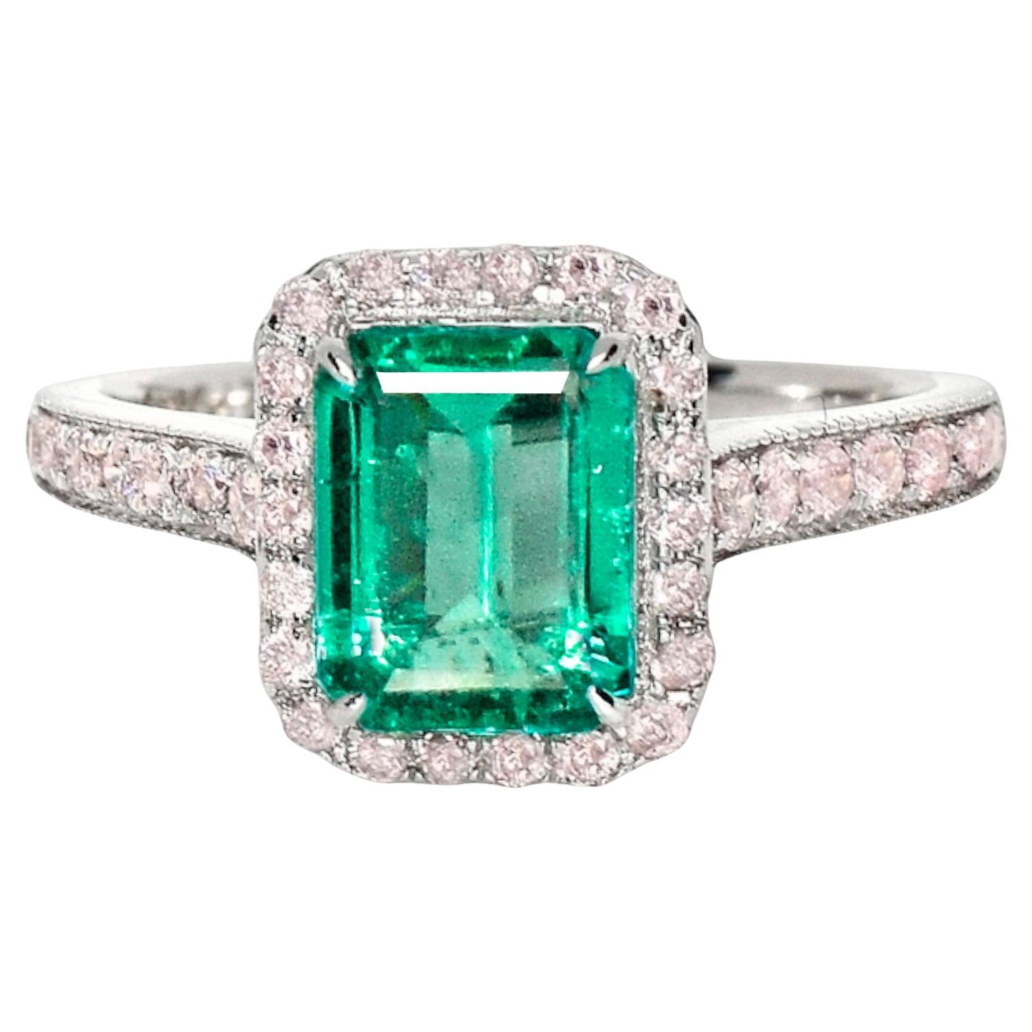IGI 1,92 ct Anillo de compromiso de oro blanco de 18 quilates con esmeralda verde natural y diamante rosa