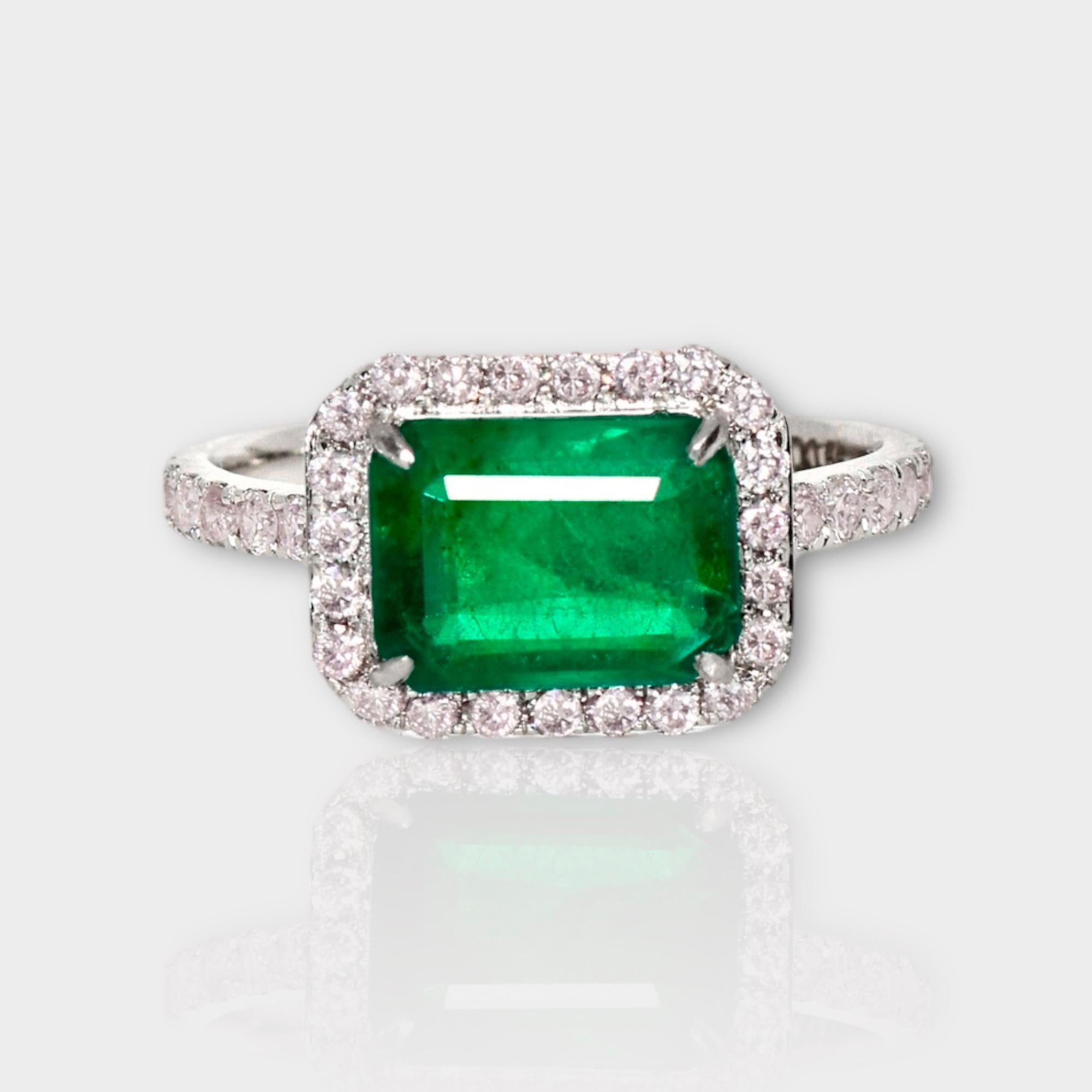 *IGI 18K 1.93 ct Natural Green Emerald&Pink Diamond Art Deco Engagement Ring*
IGI-certified natural Zambia green emerald weighing 1.93 ct set on the 18K white gold arc deco design band with natural pink diamonds weighing 0.55 ct. 

The good-quality