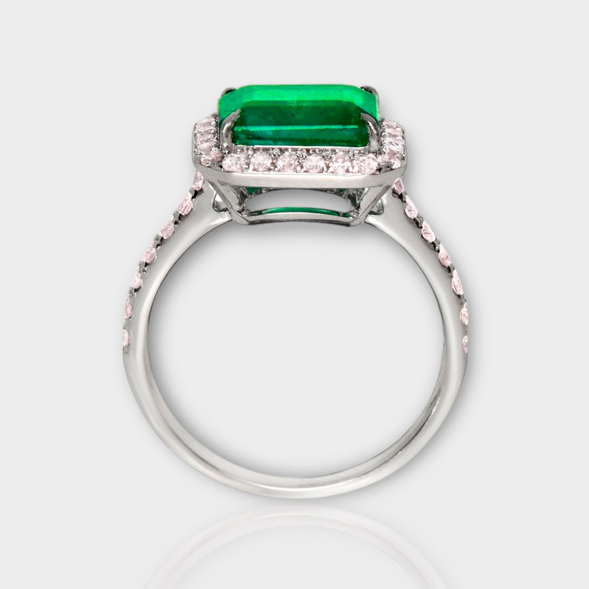 Emerald Cut IGI 18K 1.93 ct Natural Green Emerald&Pink Diamond Art Deco Engagement Ring For Sale
