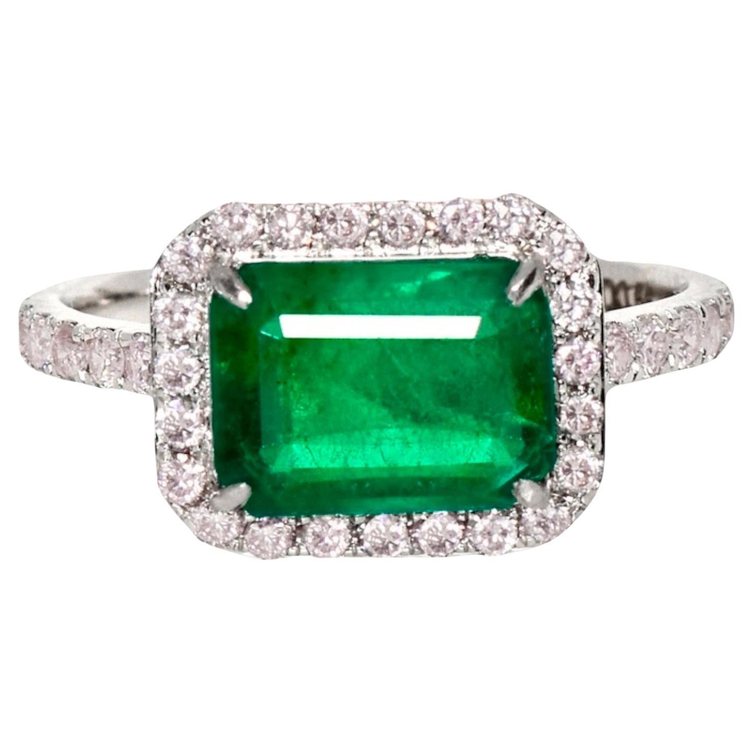 IGI 18K 1.93 ct Natural Green Emerald&Pink Diamond Art Deco Engagement Ring For Sale