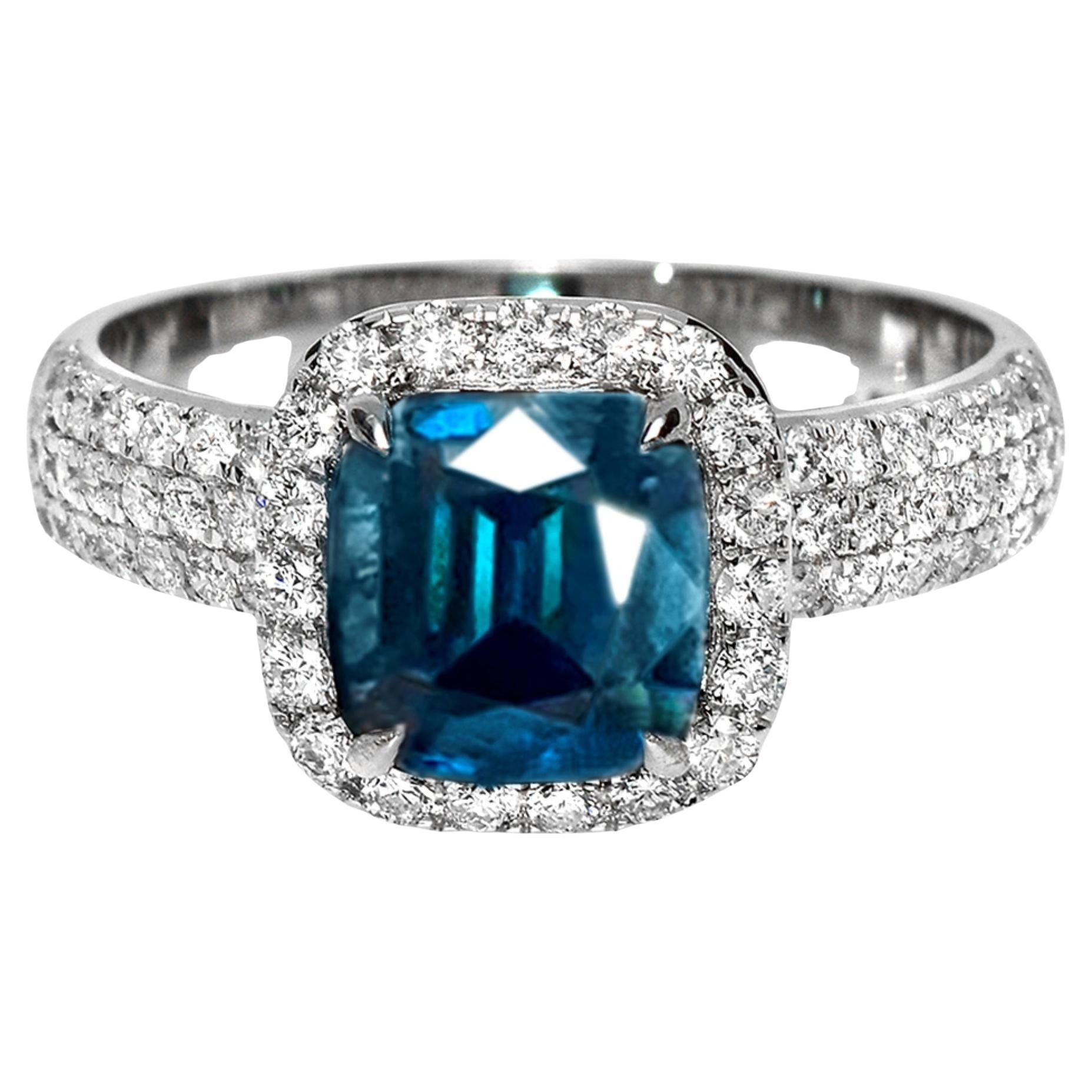 IGI 18K 1,95 ct Bague de fiançailles ancienne en Indicolite bleu naturel et diamants